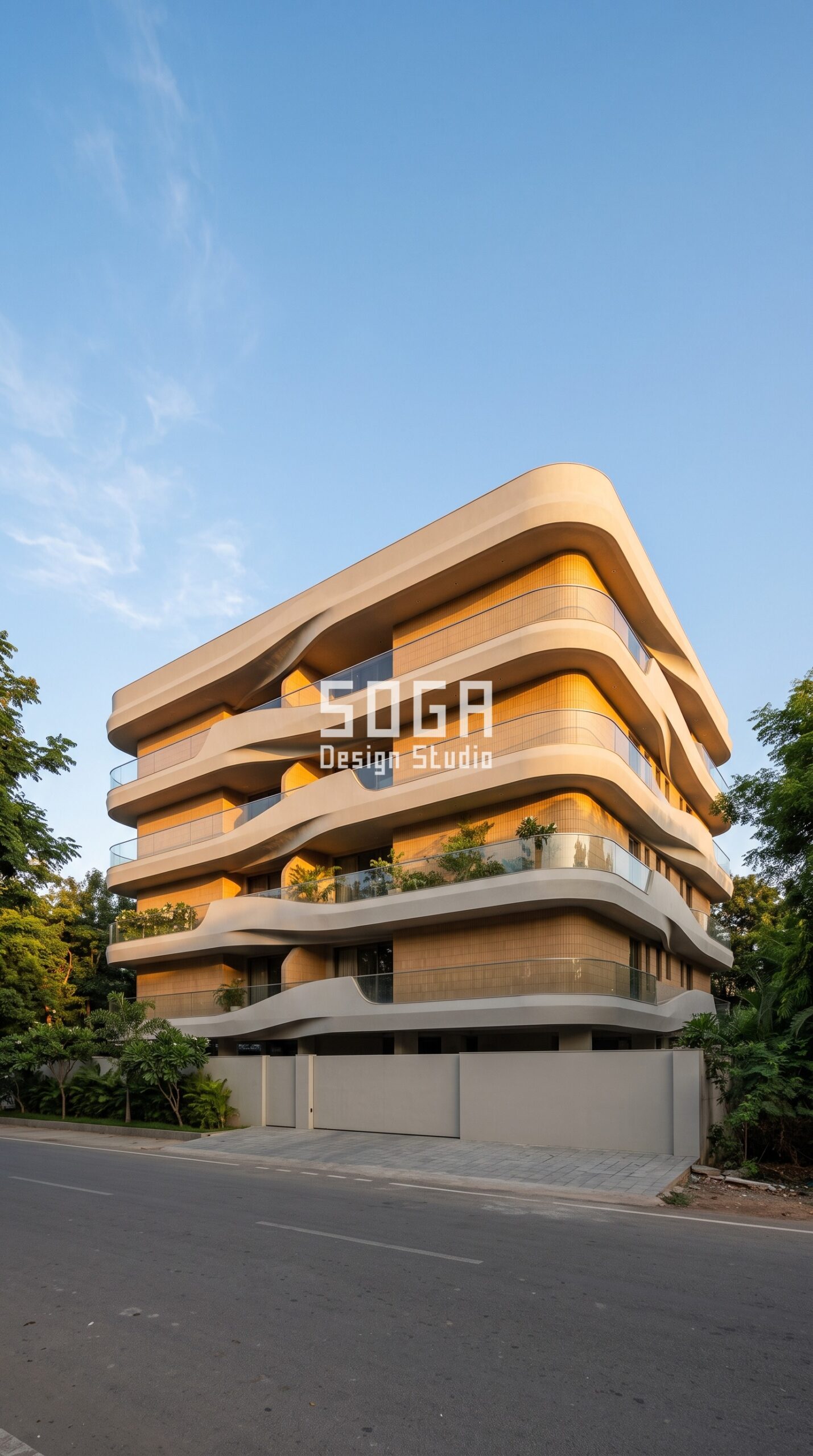 Fluid Concrete Facade Design in India 2026: 5 Concepts 2 Sweeping curved concrete ribbon facade with terracotta screens, G+4 building, Jubilee Hills Hyderabad - SOGA Design Studio