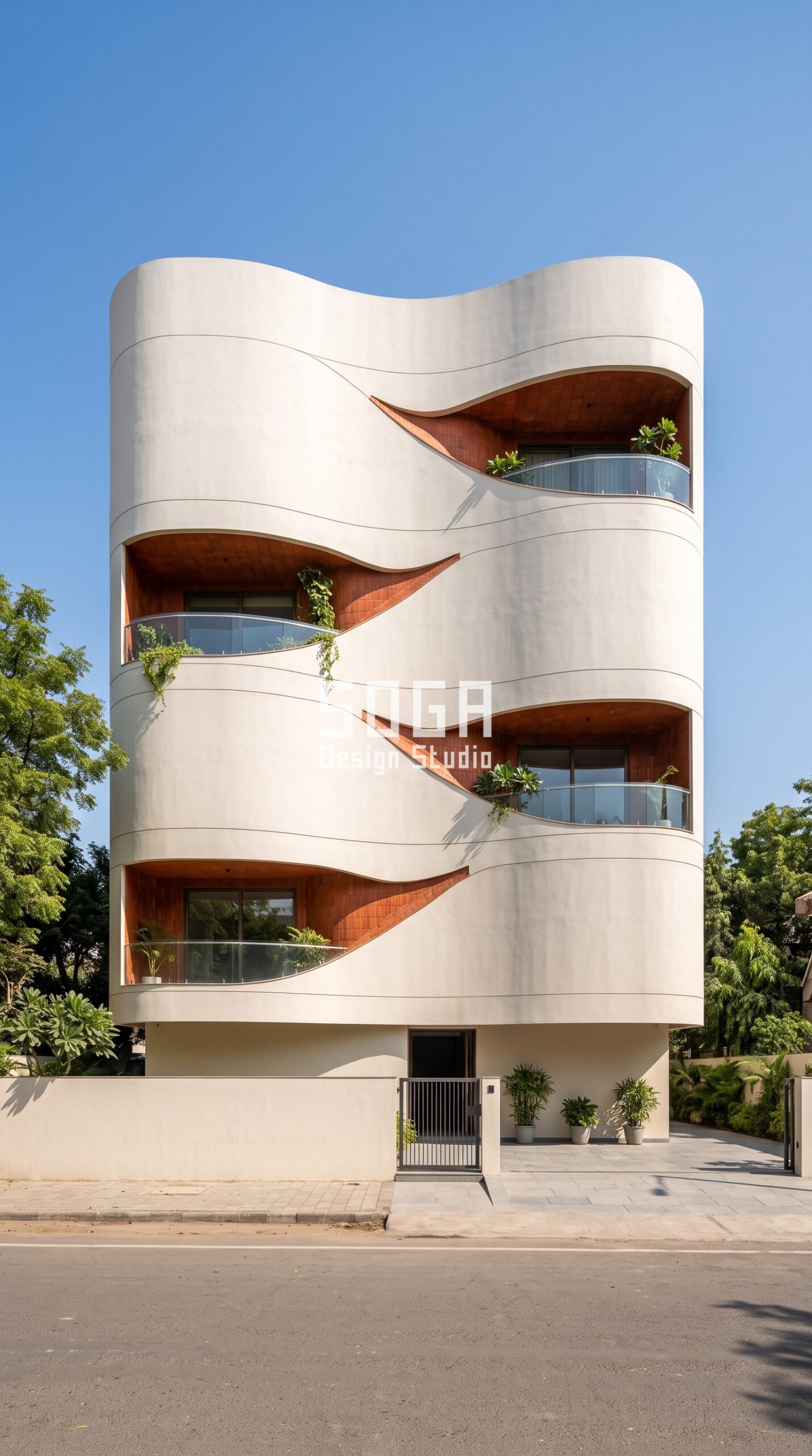 Fluid Concrete Facade Design in India 2026: 5 Concepts 3 Undulating curved concrete wall facade with terracotta reveals, G+4 building, Bodakdev Ahmedabad - SOGA Design Studio