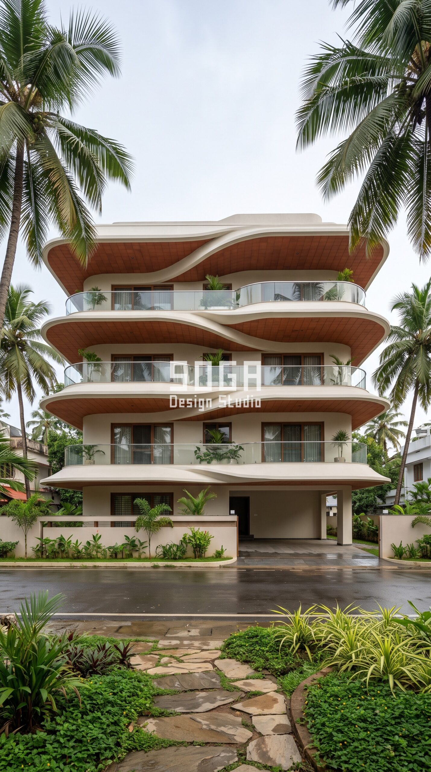 Fluid Concrete Facade Design in India 2026: 5 Concepts 3 Layered flowing GFRC canopy facade with terracotta soffits, G+3 building, Panampilly Nagar Kochi - SOGA Design Studio