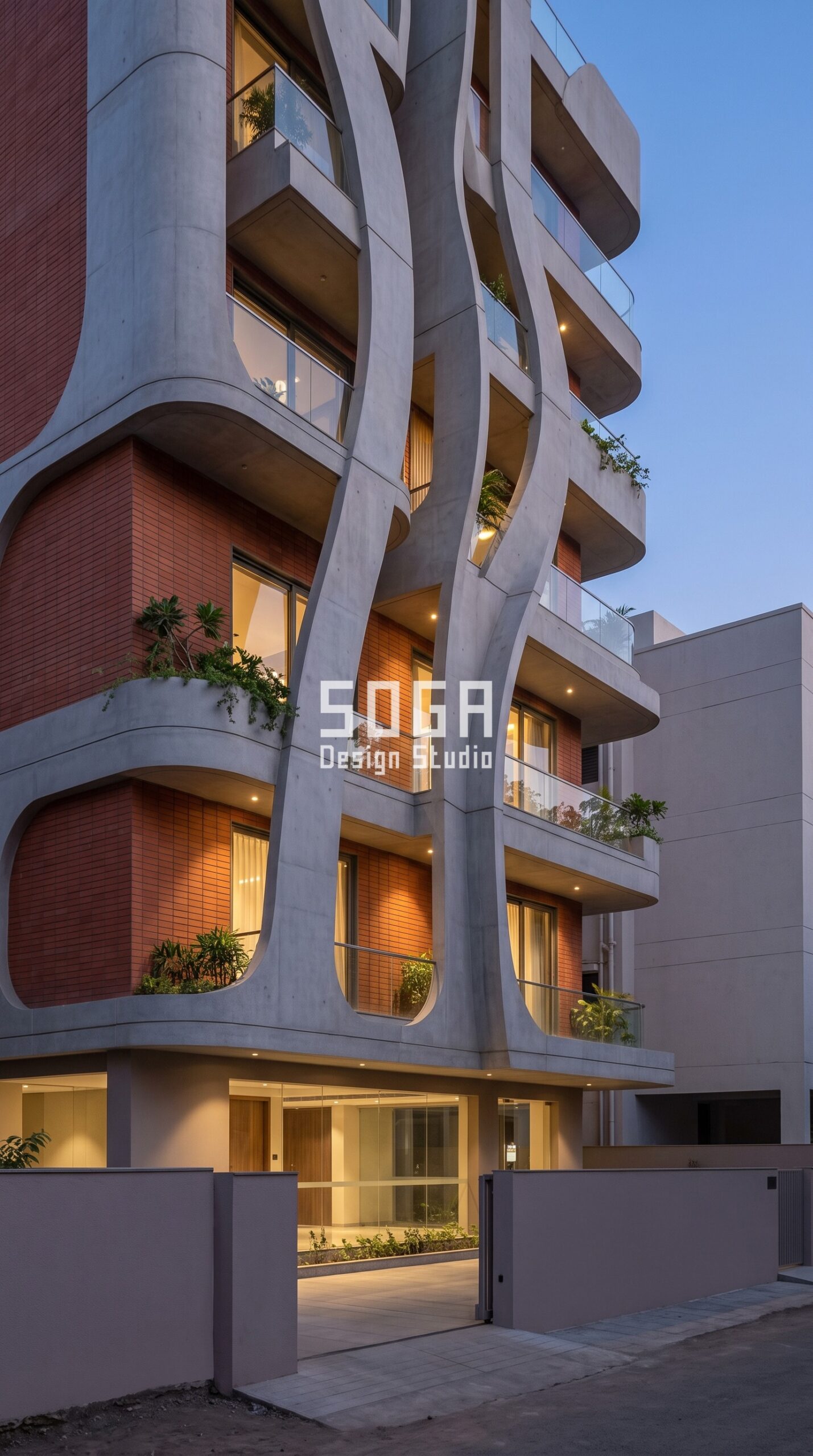 Fluid Concrete Facade Design in India 2026: 5 Concepts 5 Sinuous vertical GFRC ribbon facade over terracotta at dusk, G+5 building, Koregaon Park Pune - SOGA Design Studio