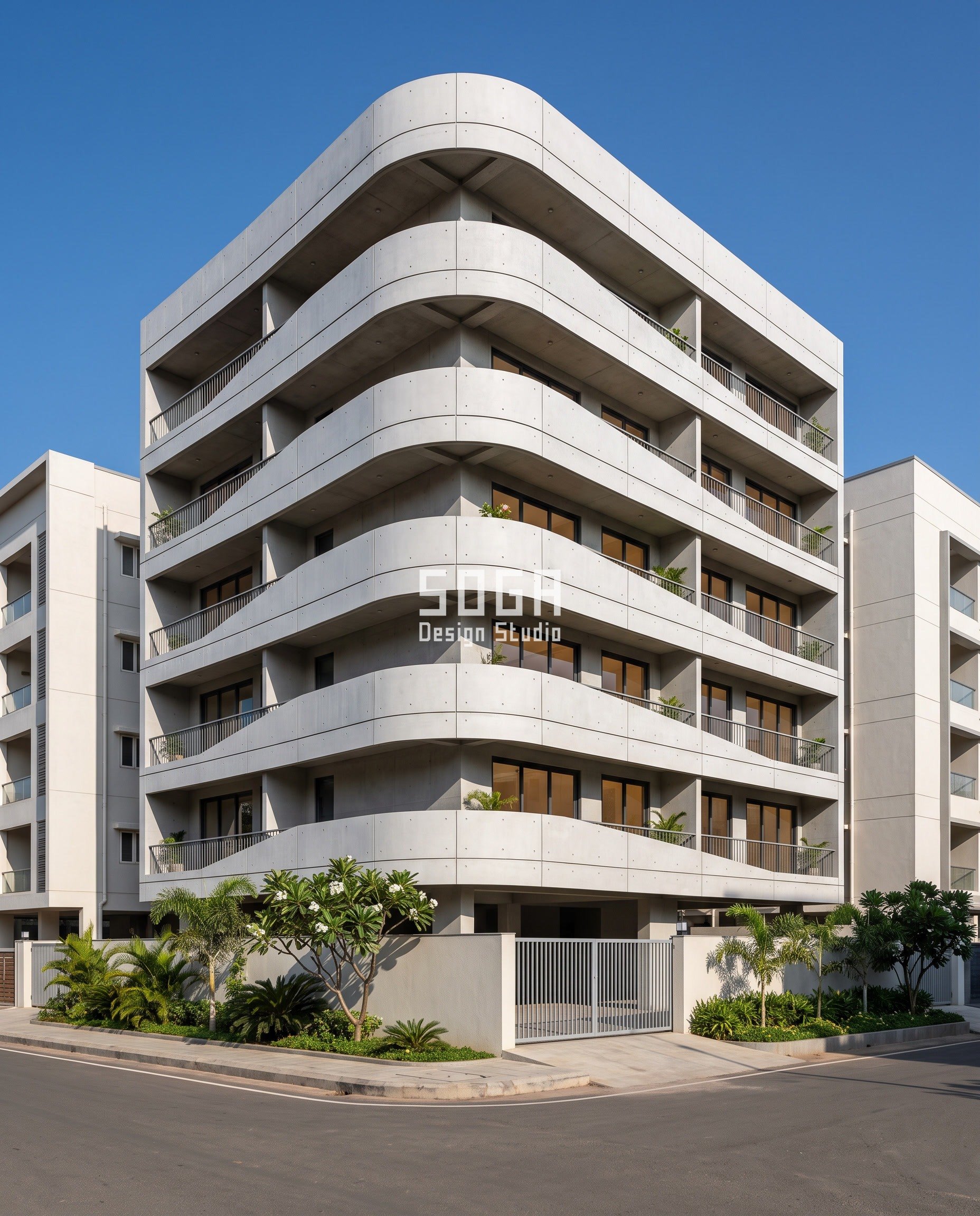Fluidic Architecture Apartment Design India: One Mould 2 Stacked UHPC ribbon balcony edges shifting sideways floor by floor on a G+5 sea-facing apartment building in Visakhapatnam - SOGA fluidic architecture apartment design