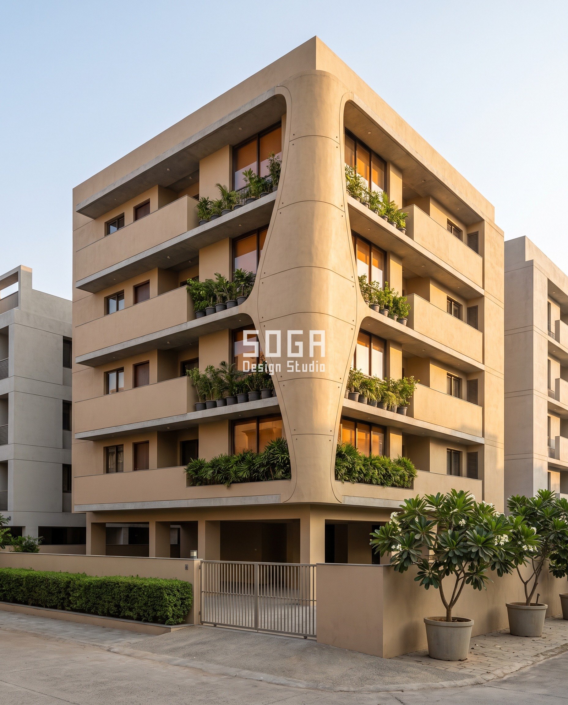 Fluidic Architecture Apartment Design India: One Mould 3 A single hand-formed ferrocement shell wrapping the street corner of a G+4 apartment building in Vadodara, the rest of the elevation left flat - SOGA fluidic architecture apartment design