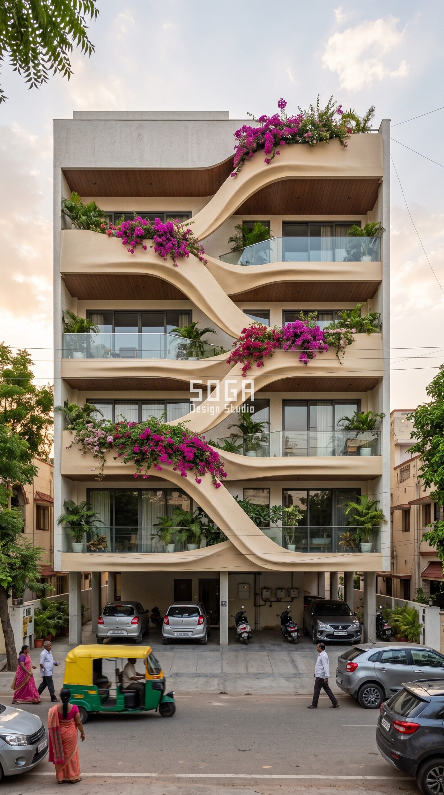 FRP Facade Design India 2026: Cost, Panels & Ideas 2 FRP facade panels frontal elevation - moulded fibreglass ribbon facade India - SOGA Design Studio