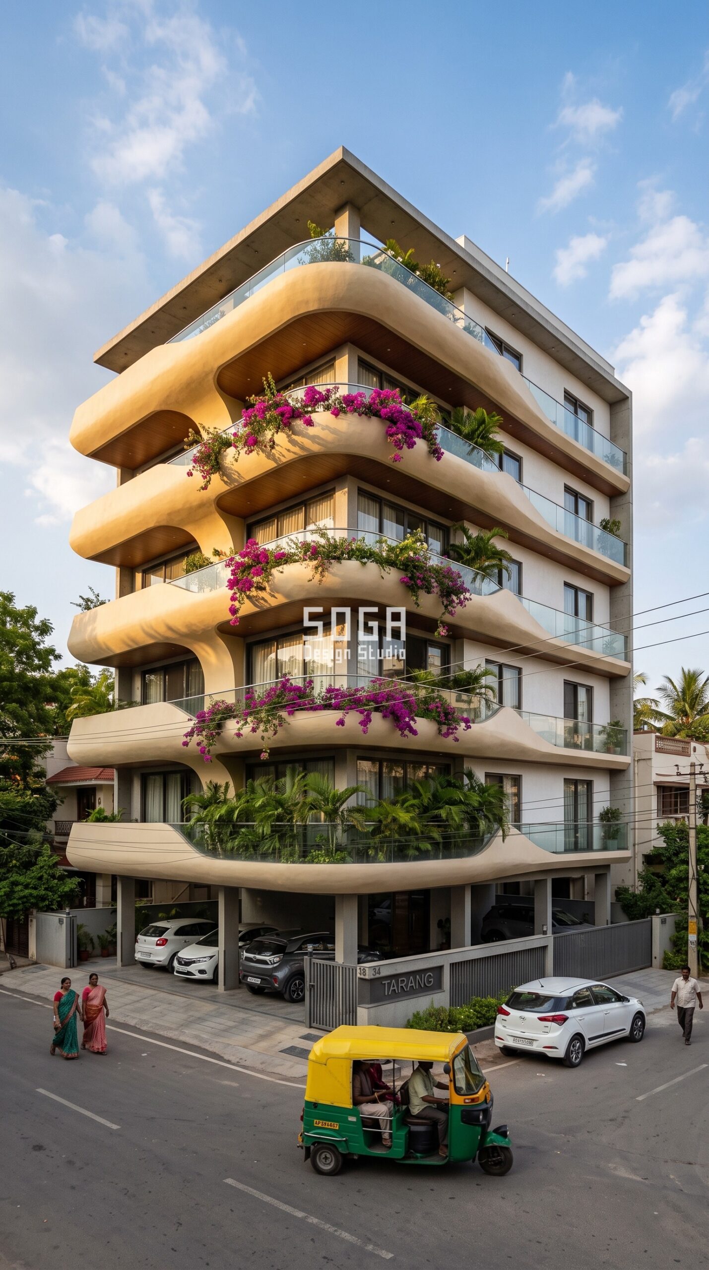 FRP Facade Design India 2026: Cost, Panels & Ideas 3 FRP facade sun shading gradient - deep moulded ribbon overhangs on the west elevation, India - SOGA Design Studio
