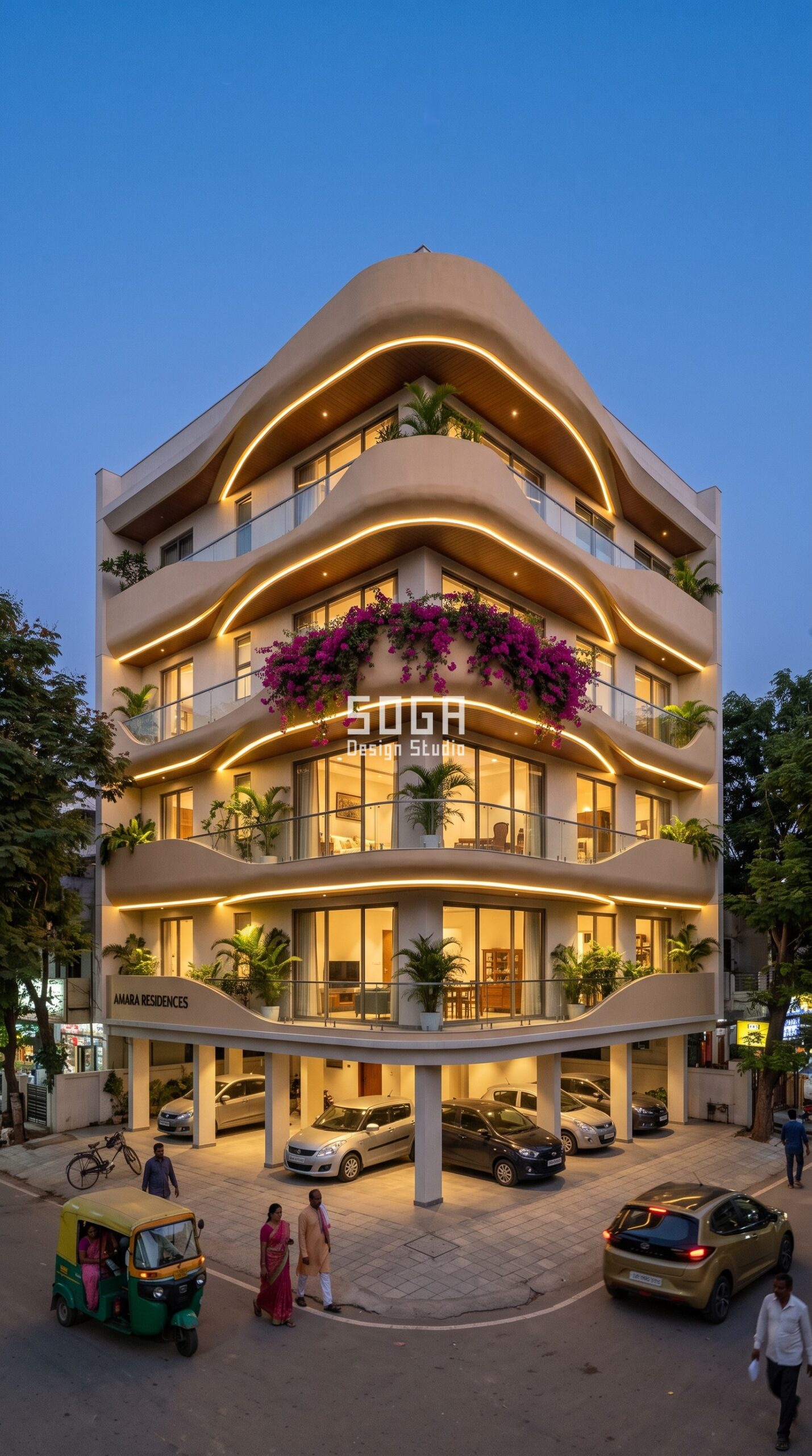 FRP Facade Design India 2026: Cost, Panels & Ideas 4 FRP facade night lighting - illuminated moulded fibreglass ribbons at dusk, Hyderabad - SOGA Design Studio