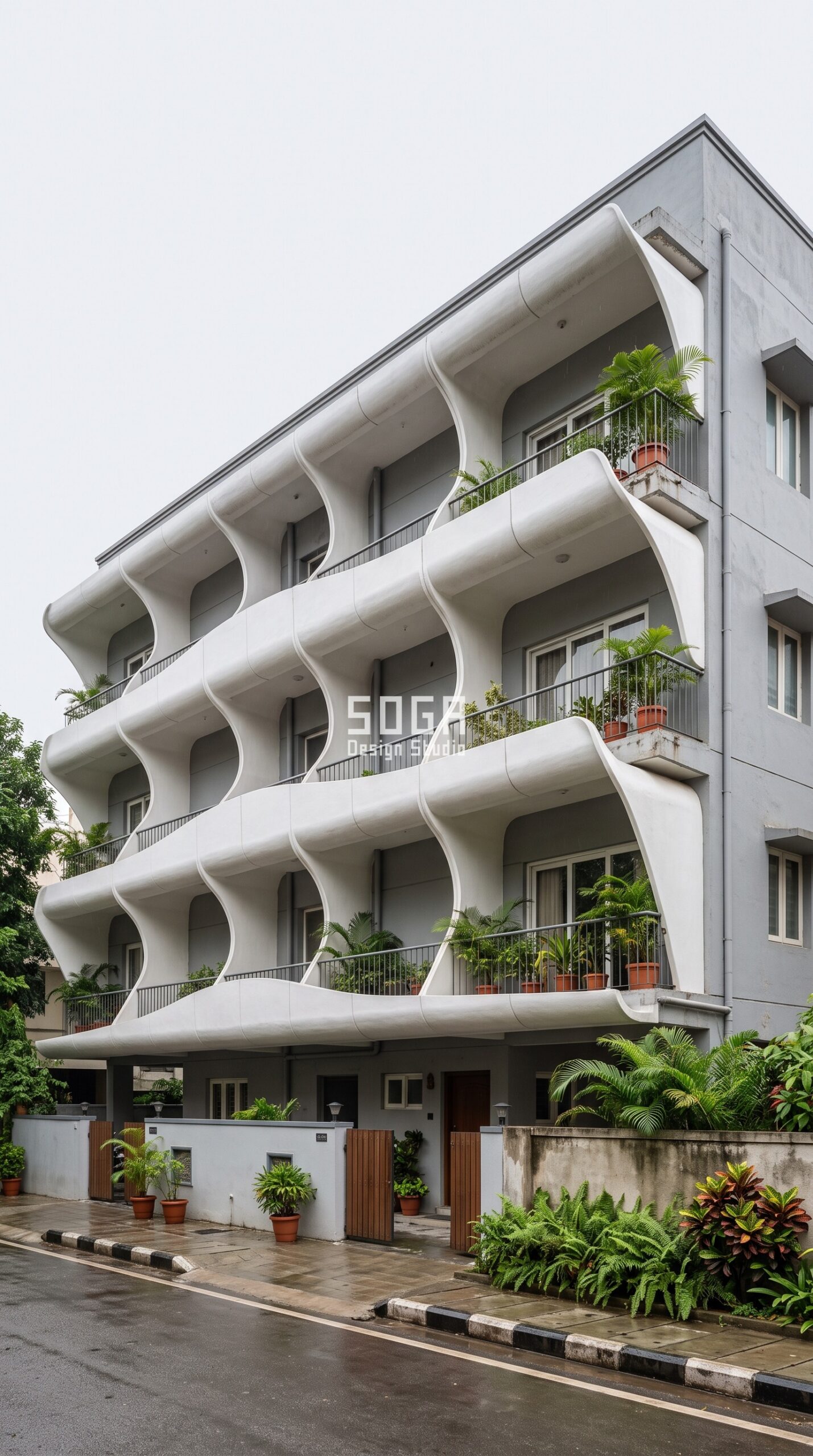 FRP House Facade Renovation & Reskin: India 2026 2 Parametric Shell Canopy Tier FRP facade renovation apartment block Bengaluru - SOGA Design Studio
