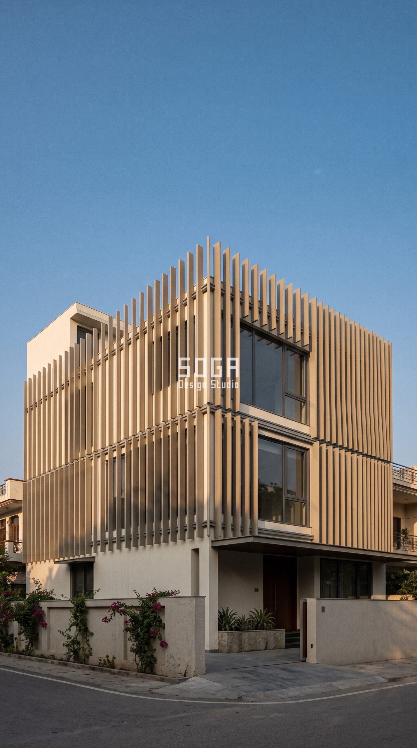 FRP House Facade Renovation & Reskin: India 2026 1 Parametric Overclad Fin Bank FRP facade renovation reskin Delhi house - SOGA Design Studio