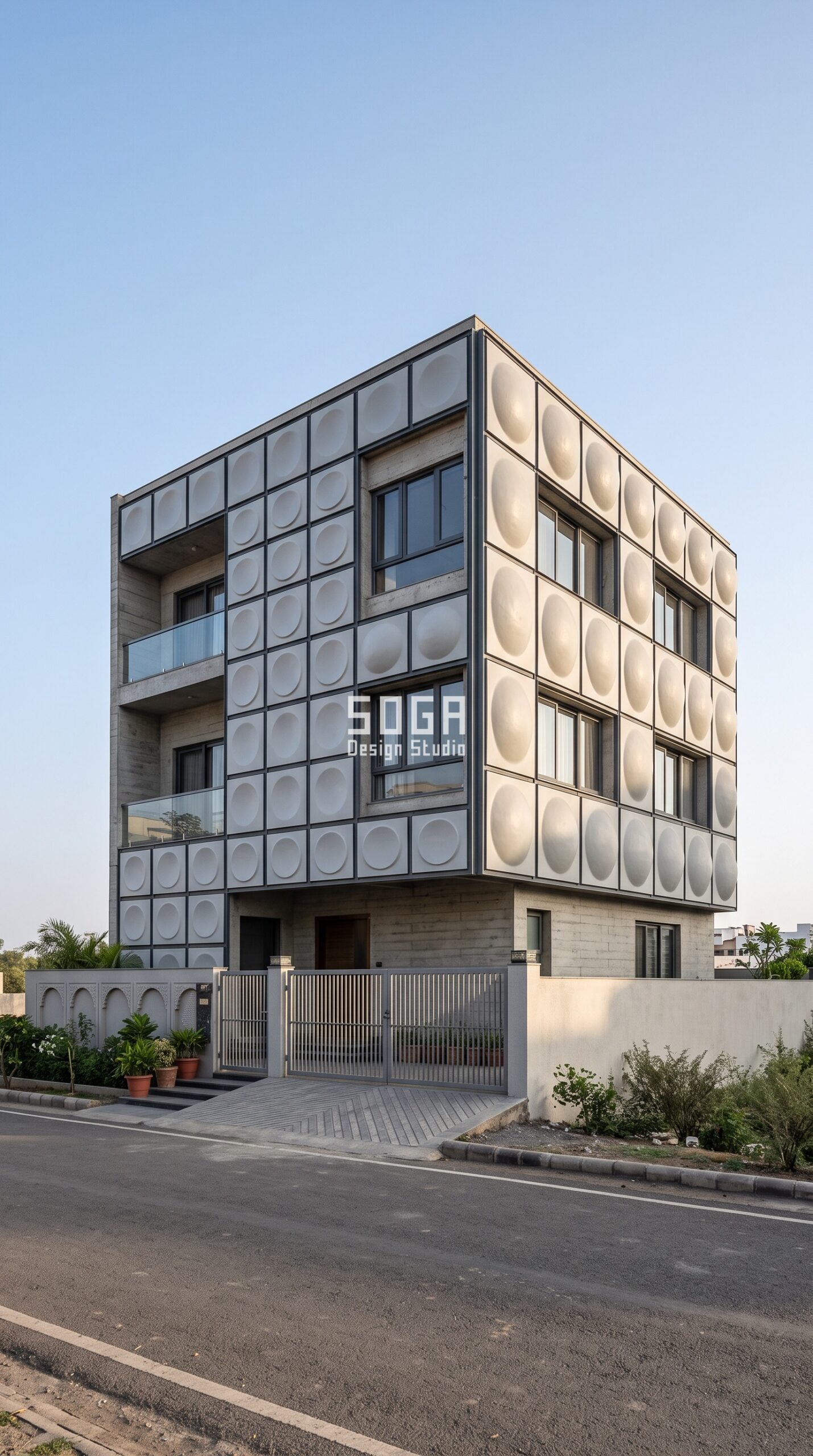 FRP Front Elevation Design for Indian Homes 2026 3 Parametric Dome Dimple Grid FRP front elevation independent house Indore - SOGA Design Studio
