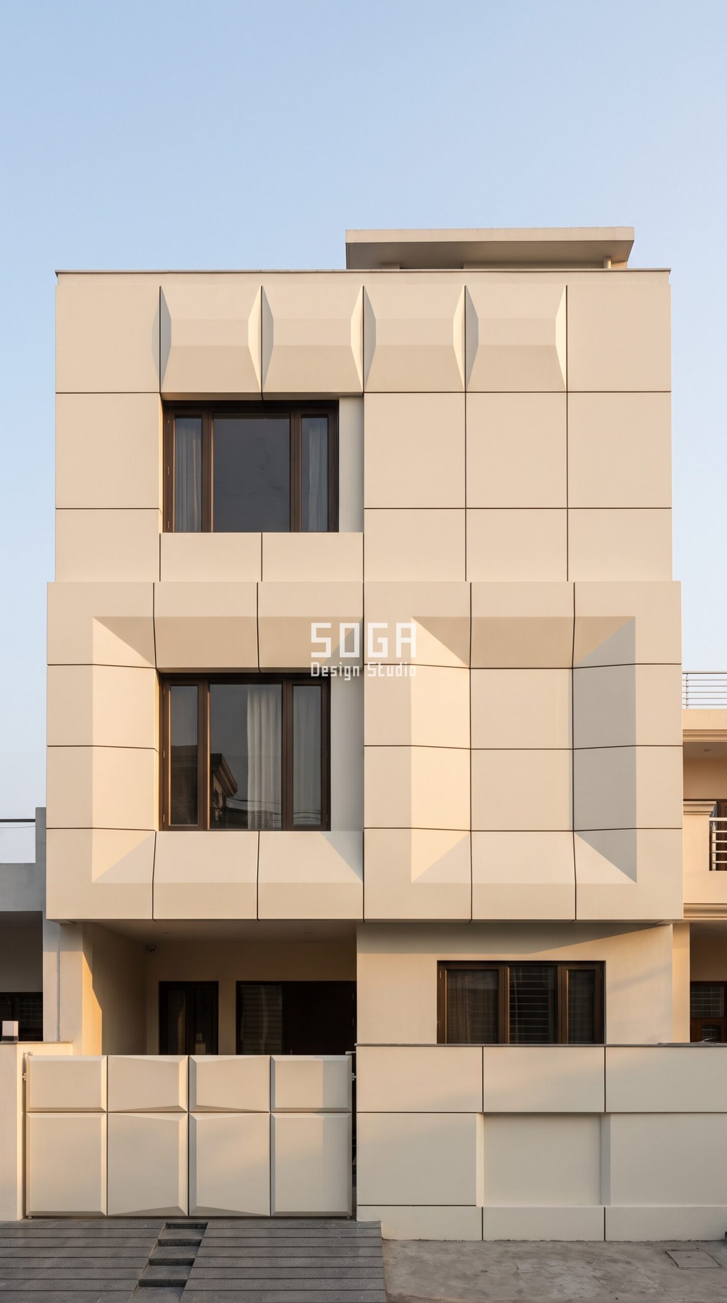 Parametric Chamfer Bay Bank FRP front elevation design Lucknow home - SOGA Design Studio