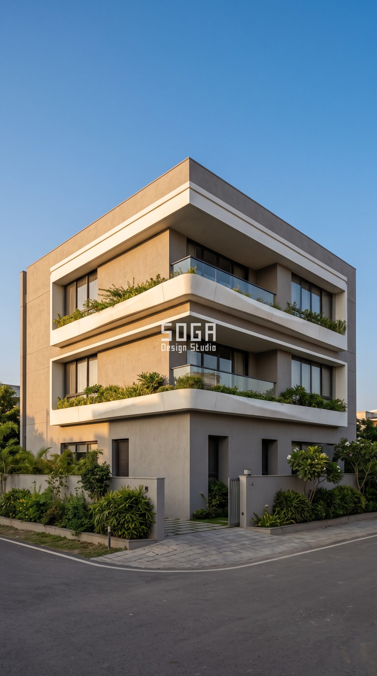 FRP Front Elevation Design for Indian Homes 2026 4 Parametric Ribbon Sill Cascade FRP front elevation family residence Vadodara - SOGA Design Studio