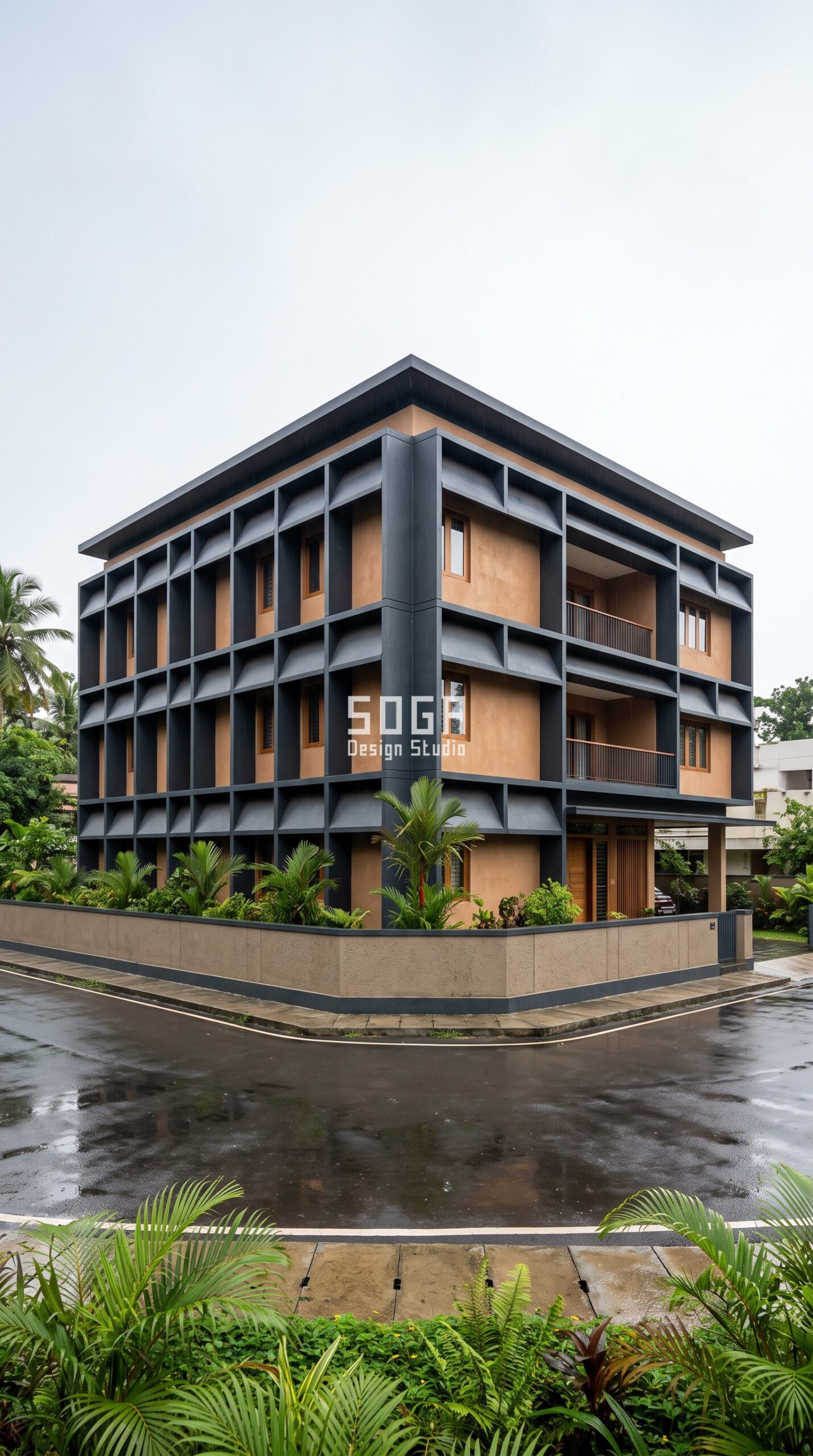 FRP Facade for Houses & Villas: India 2026 Guide 3 Parametric Monsoon Hood Field charcoal FRP house facade Kochi - SOGA Design Studio