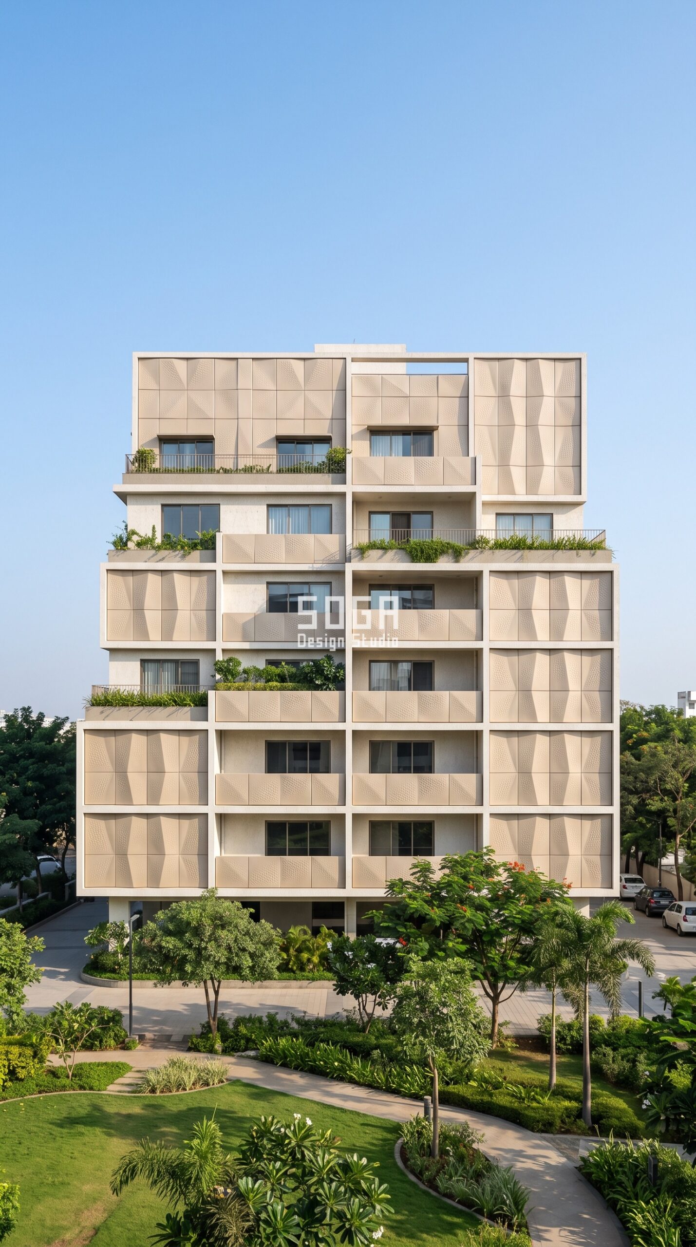 FRP Facade for Houses & Villas: India 2026 Guide 4 Parametric Faceted Parapet Grid champagne FRP apartment facade Pune - SOGA Design Studio