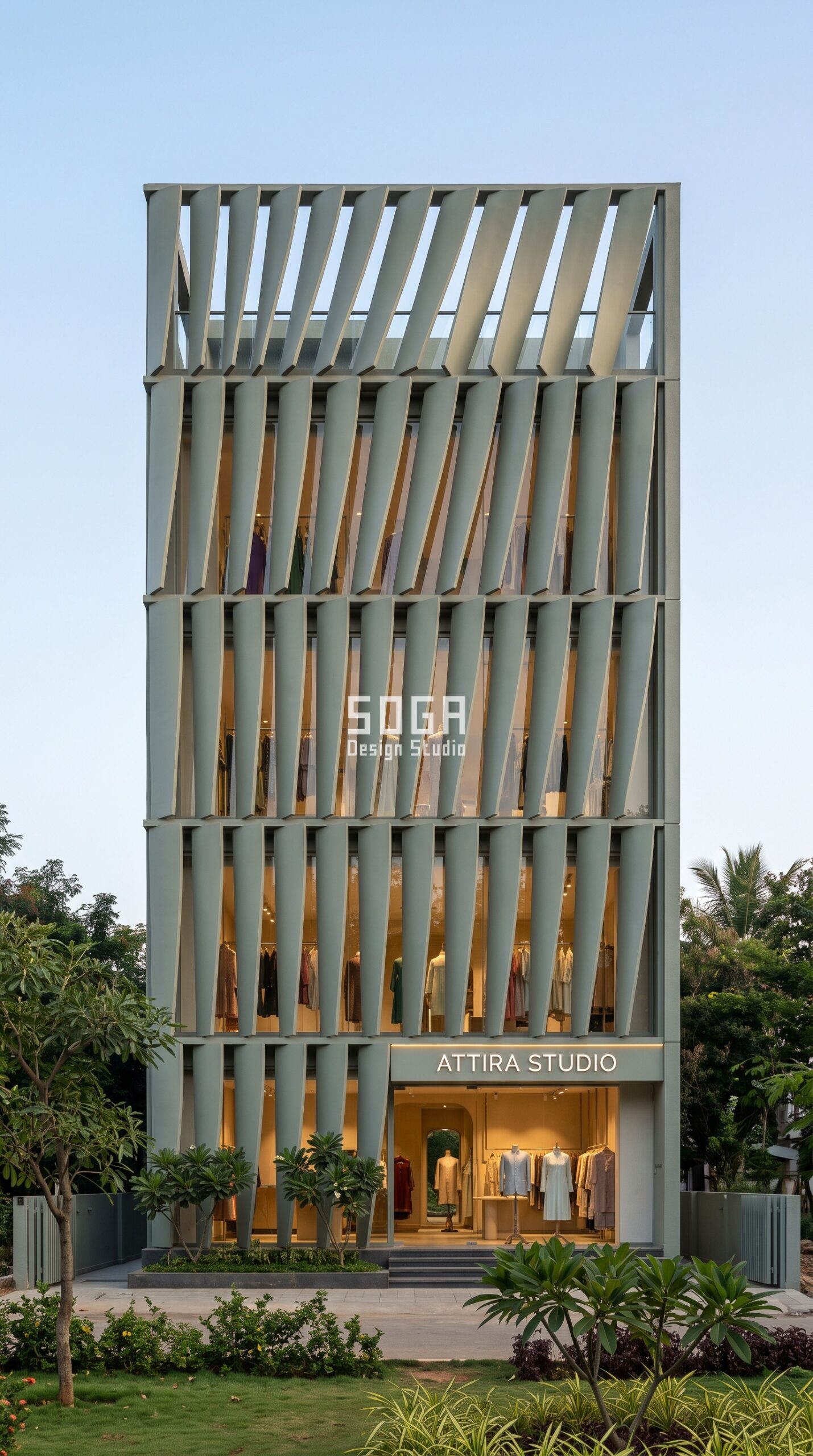 Parametric Shell Louvre Cascade sage grey FRP clothing showroom facade Bengaluru - SOGA Design Studio