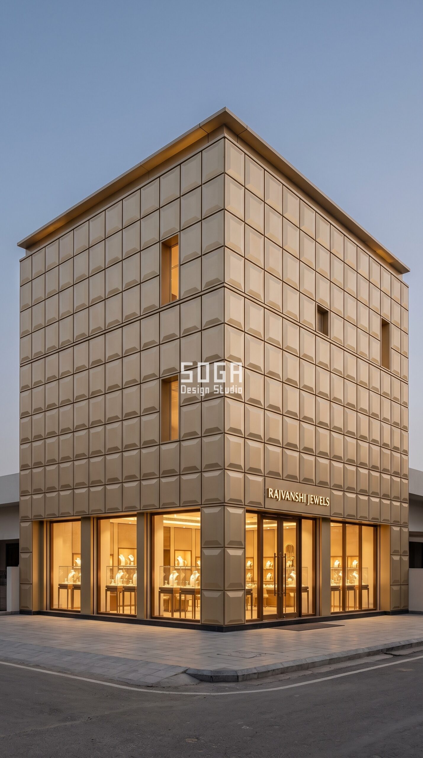 Parametric Facet Bead Grid champagne FRP jewellery showroom facade Jaipur - SOGA Design Studio