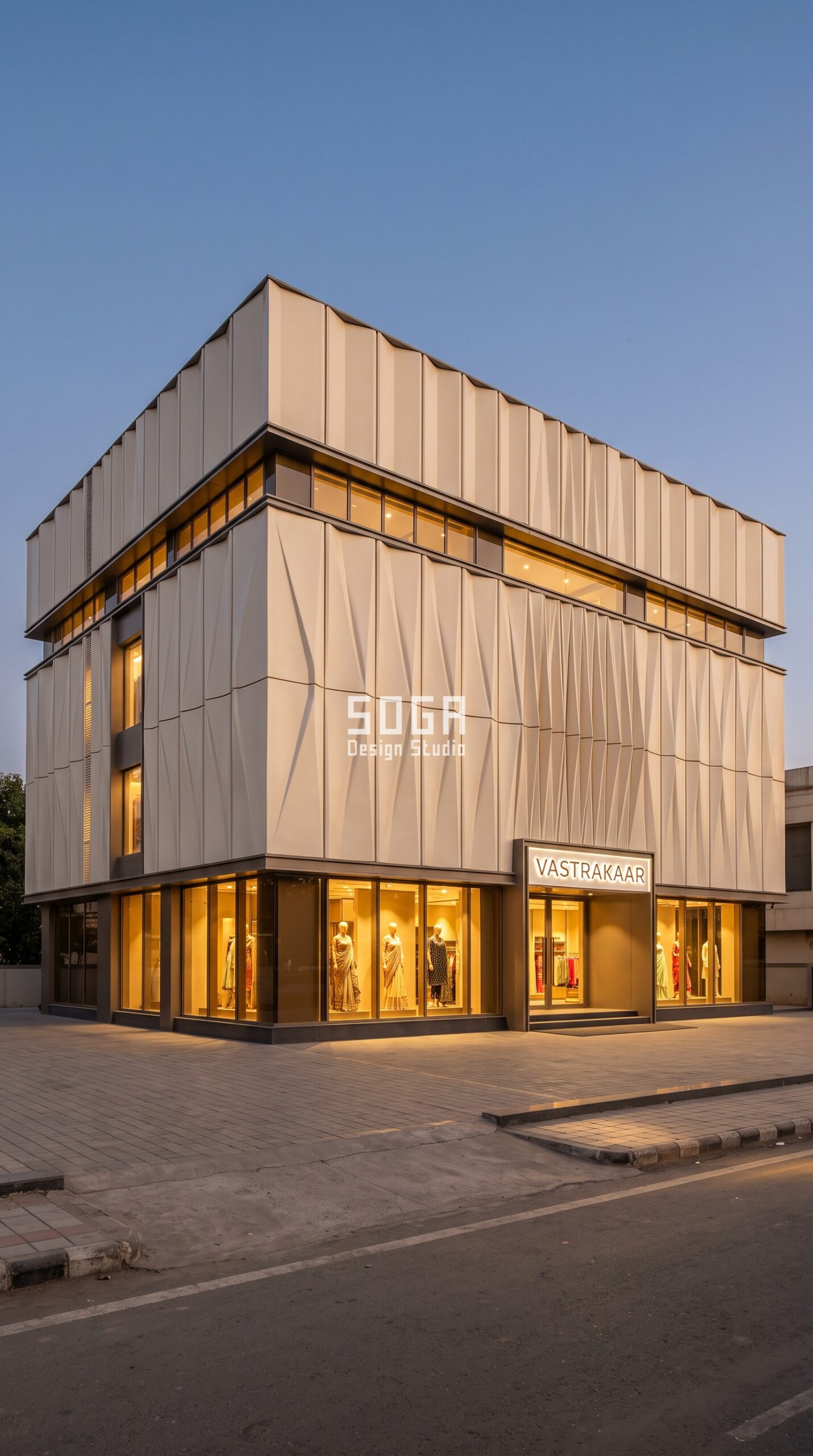 FRP Showroom Facade: Clothing & Jewellery India 2026 5 Parametric Drape Fold Bank ivory FRP clothing showroom facade Surat - SOGA Design Studio