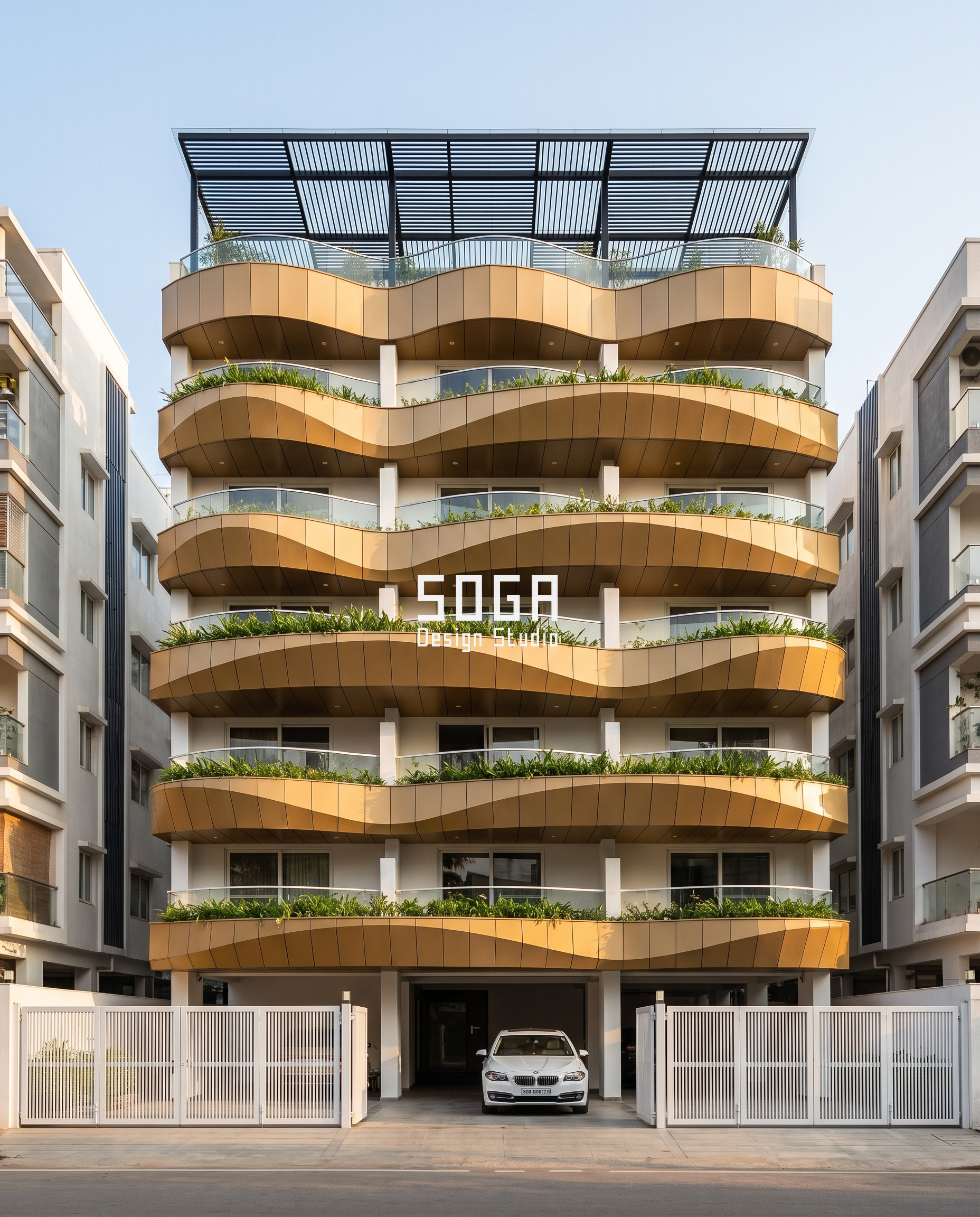 Metal Facade Design Ideas: 6 Built Indian Homes 2026 3 Golden wave balcony facade with deep planted bands on an Indian apartment building - SOGA Design Studio