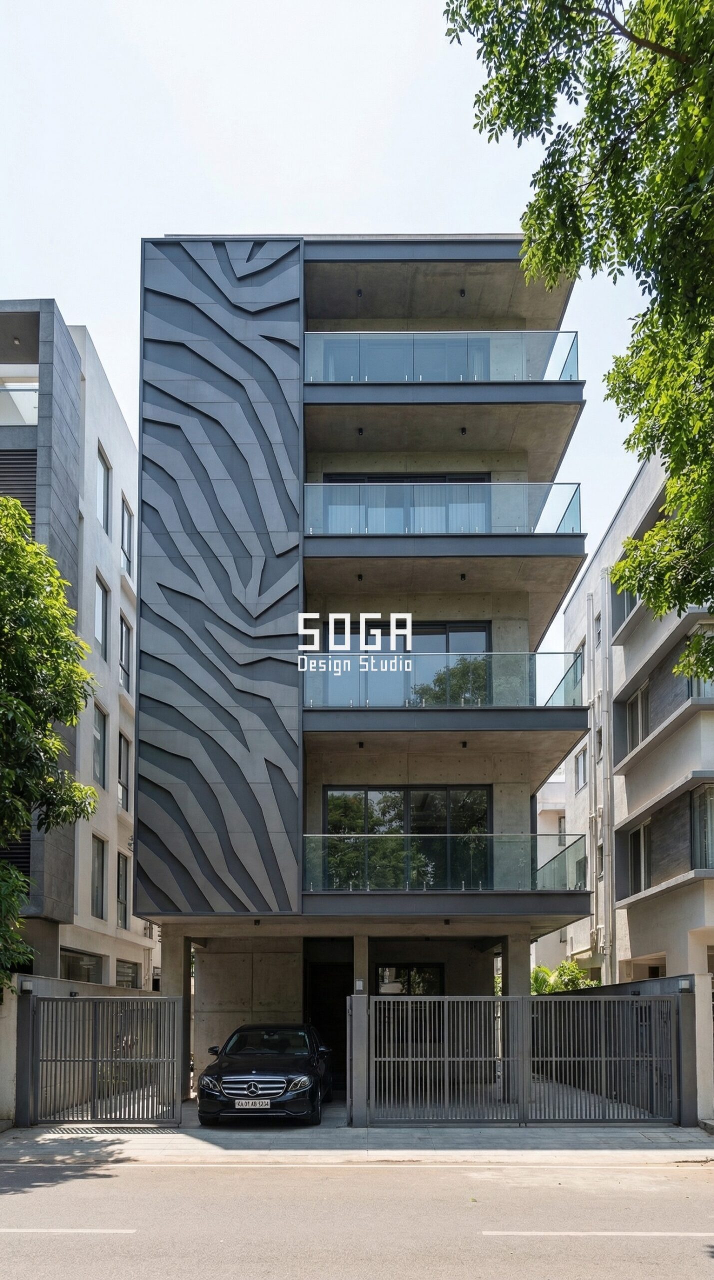 Balcony Facade Design India 2026: Ideas, Cost & Details 4 Grey 3D relief panel treatment on a blank side wall of an Indian residence - SOGA Design Studio