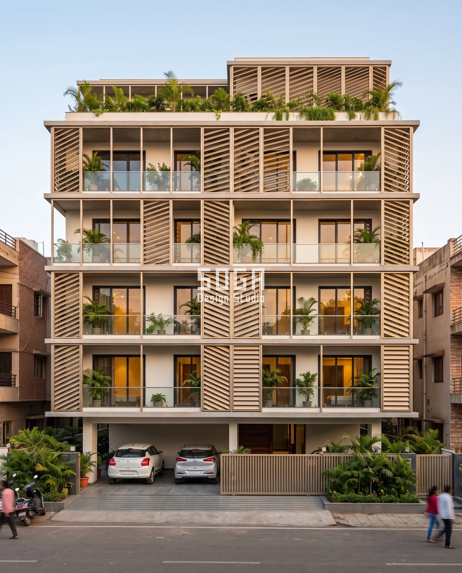 Hide AC Outdoor Units on House Facade: Depth Not Holes 6 Champagne louvre cassettes alternate direction into a chevron field across a G+3 Vijay Nagar residence set behind a lush garden, the steepest blade pitch closing up where the AC outdoor units sit behind the facade.