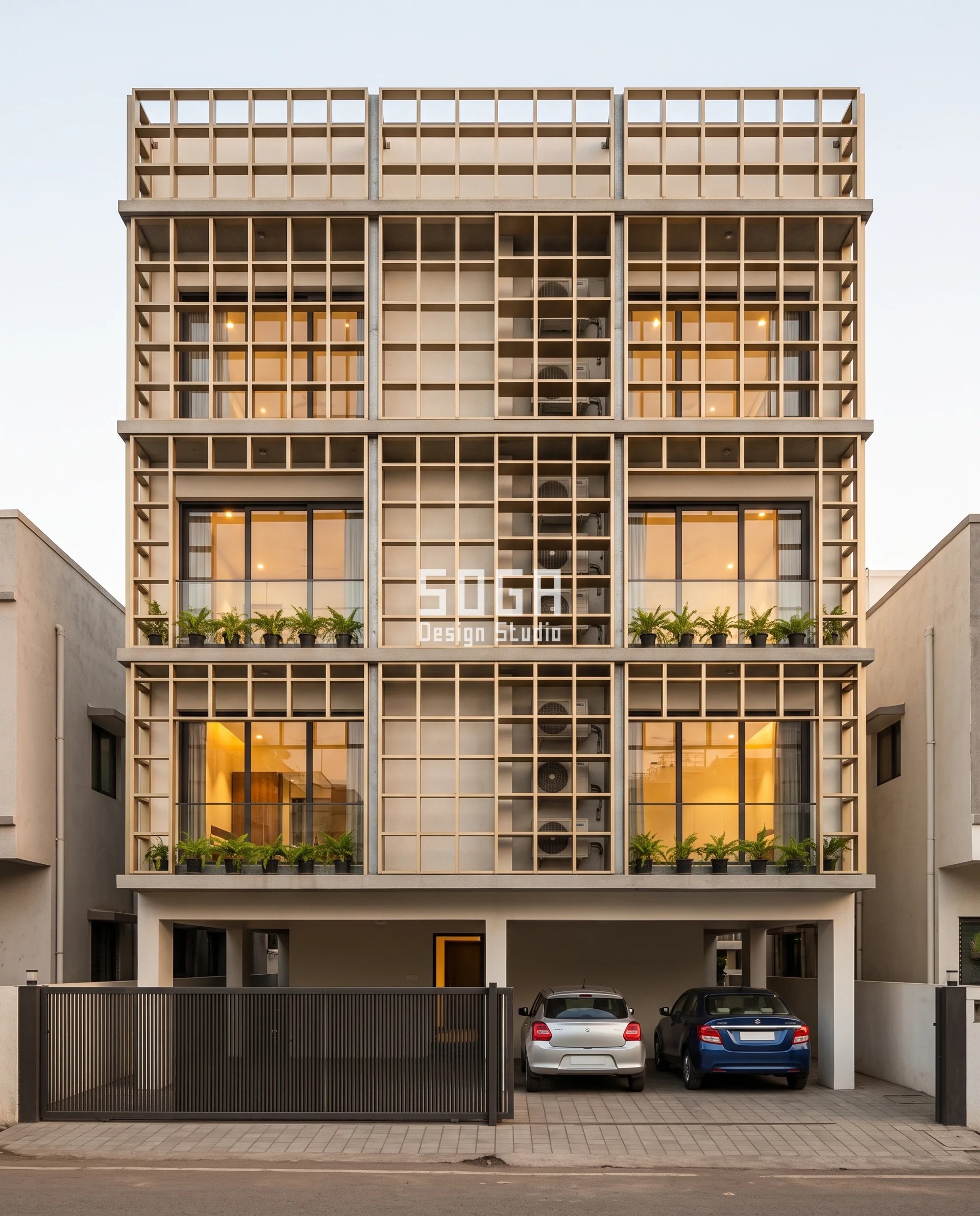 Hide AC Outdoor Units on House Facade: Depth Not Holes 3 Champagne-gold egg-crate lattice on a narrow G+3 Nashik residence, its 220 mm cells standing 400 mm clear of the wall so the stacked condensers behind read as shadow — the deep-member way to hide an AC outdoor unit on a house facade.