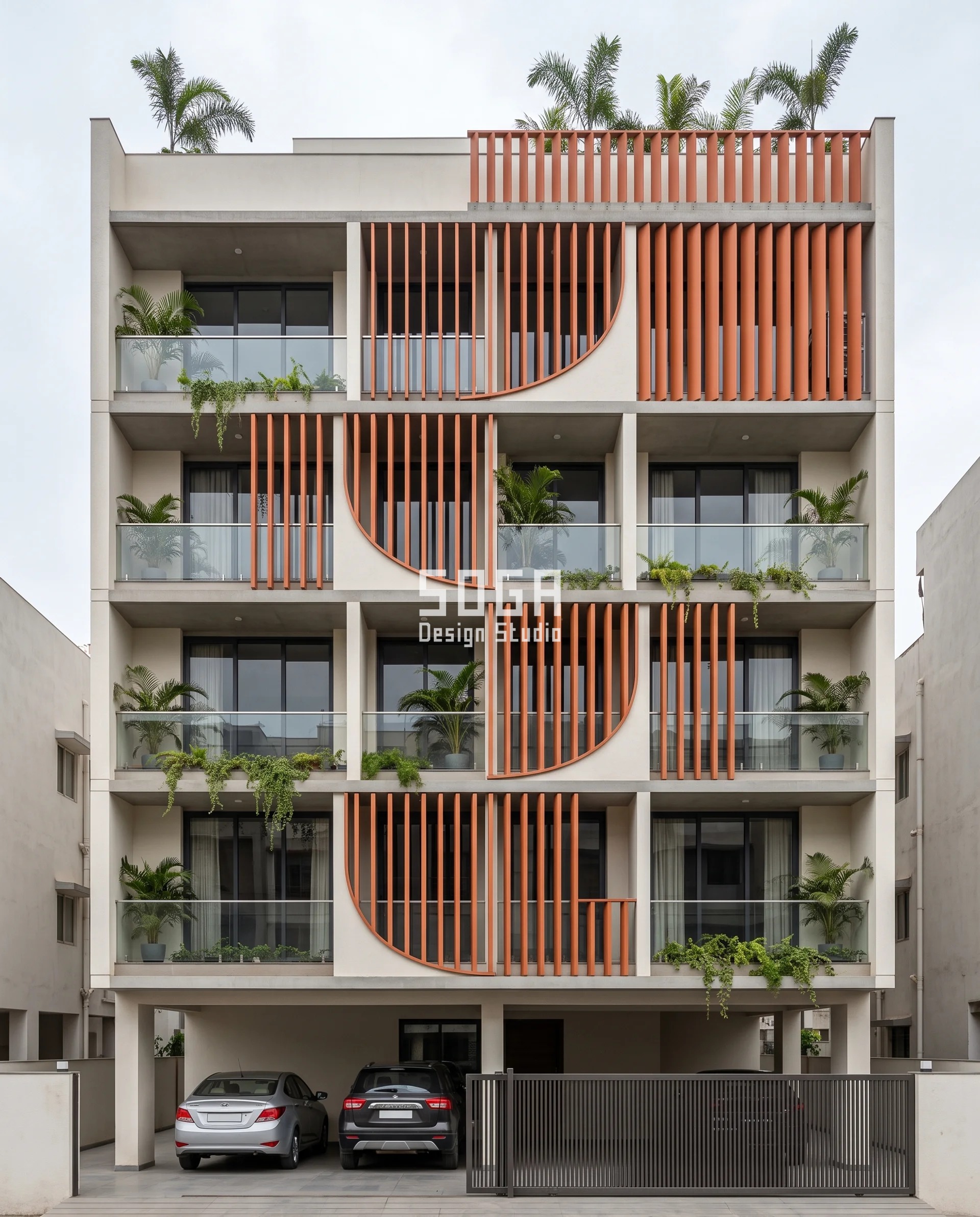 Hide AC Outdoor Units on House Facade: Depth Not Holes 5 Terracotta-orange aluminium fins hang from a concealed rail on a G+3 Vesu residence in flat overcast light, their lower ends stopping along one curve so the deepest rake screens the AC outdoor unit and the shortest clears the living-room glass.