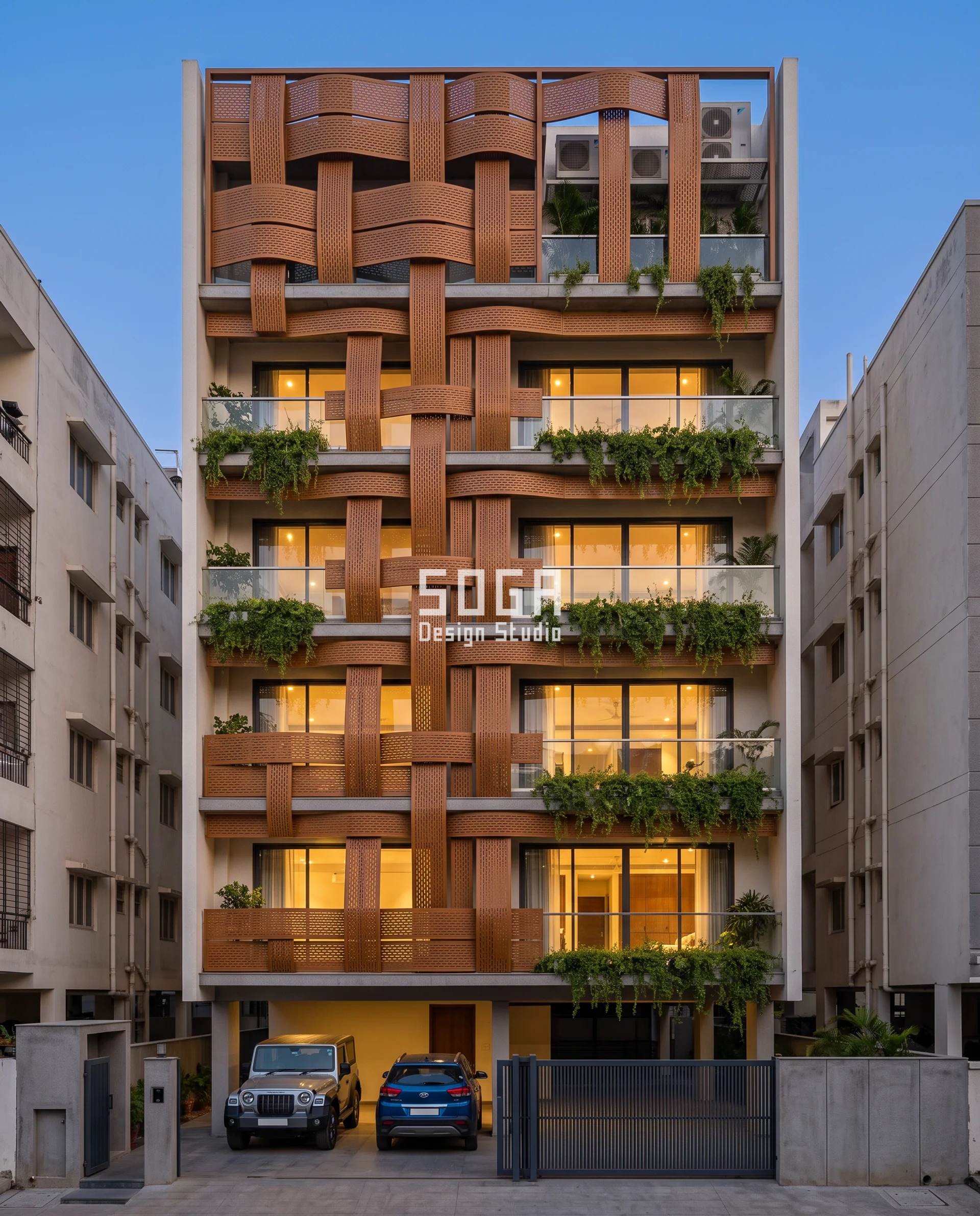 Hide AC Outdoor Units on House Facade: Depth Not Holes 10 Timber-look metal ribbons pass over and under each other in a full-height basket weave on a slim G+5 Kondapur tower at blue hour, the deepest crossings standing 300 mm proud to hide the AC outdoor unit on the house facade behind punched metal.