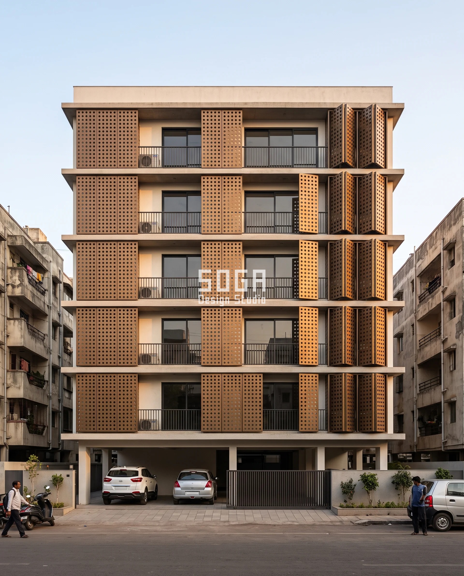Hide AC Outdoor Units on House Facade: Depth Not Holes 4 Bronze anodised cassettes punched with 40 mm holes fold progressively out of plane across a wide G+4 Kothrud elevation, the popped bays hiding the AC outdoor unit on the house facade while the flat bays sit tight to the wall.