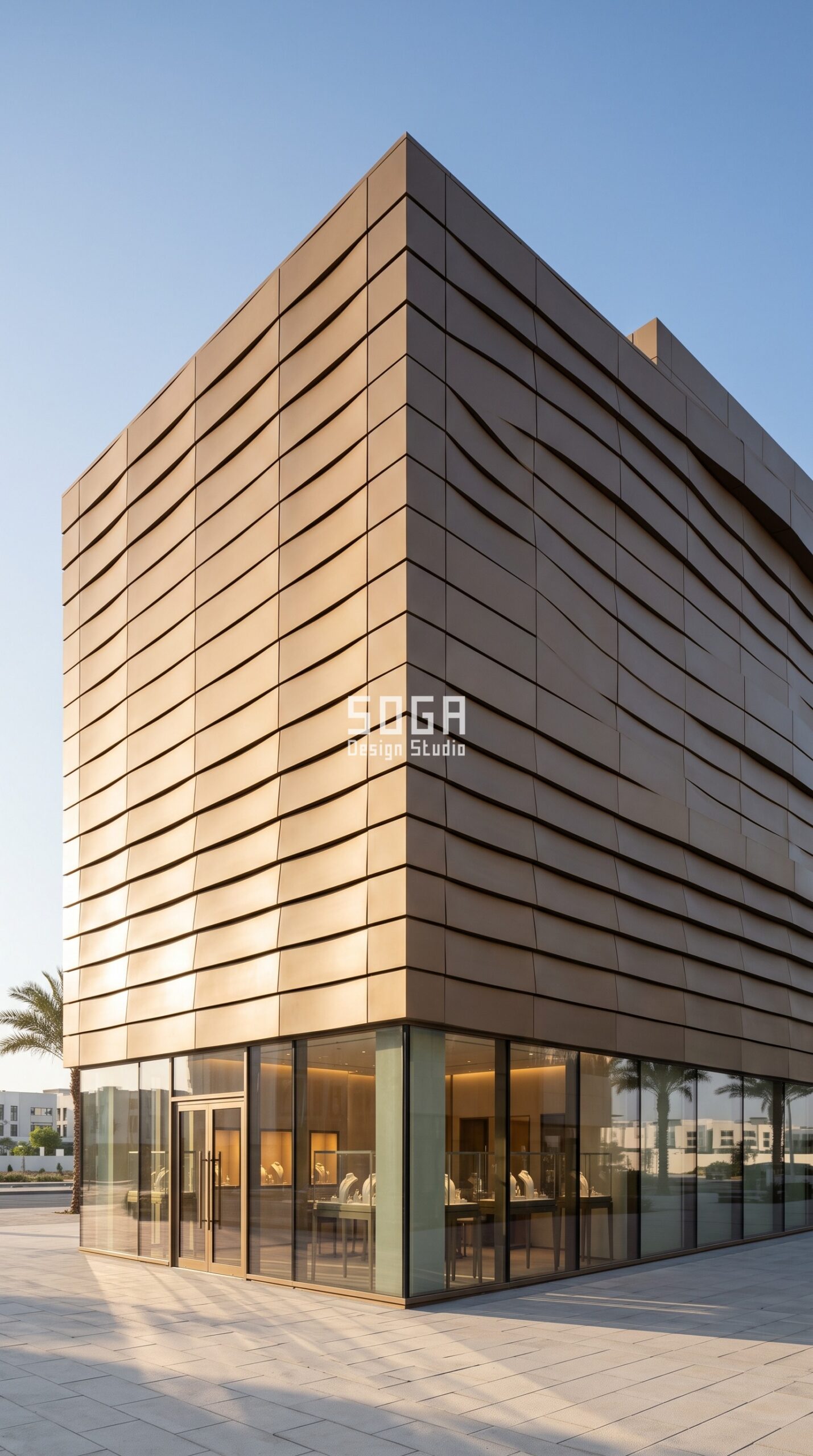 Parametric Scallop Shell sand-bronze aluminium jewellery showroom facade Abu Dhabi - SOGA Design Studio