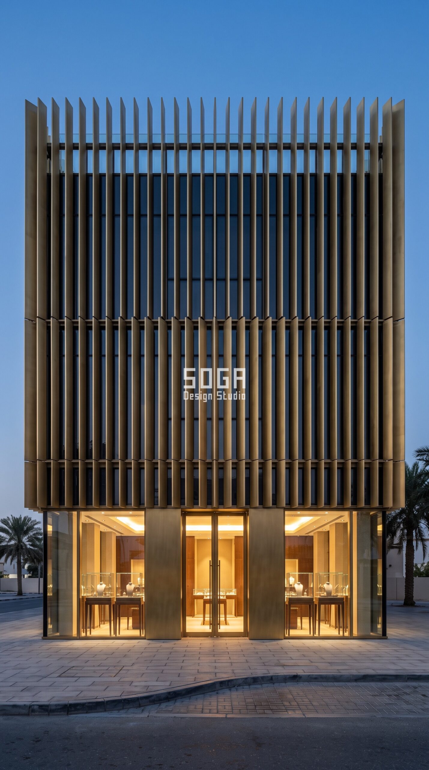 Parametric Ingot Screen brushed brass stainless steel jewellery showroom facade Dubai - SOGA Design Studio