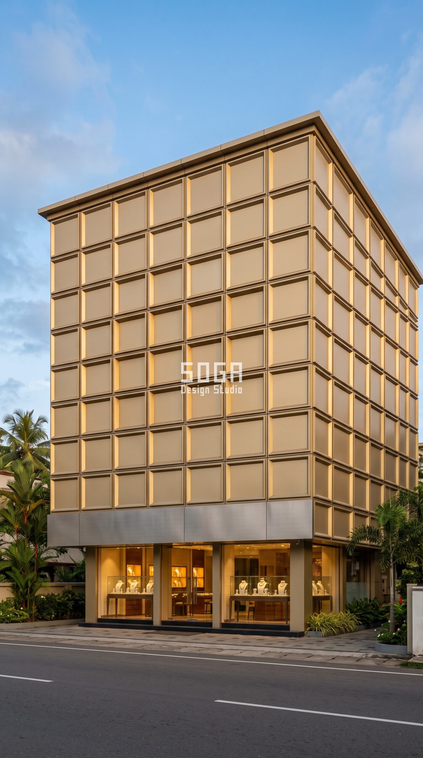 Jewellery Showroom Facade Design 2026: India, Dubai, UAE 4 Parametric Bezel Grid champagne-gold anodised aluminium jewellery showroom facade Kochi - SOGA Design Studio