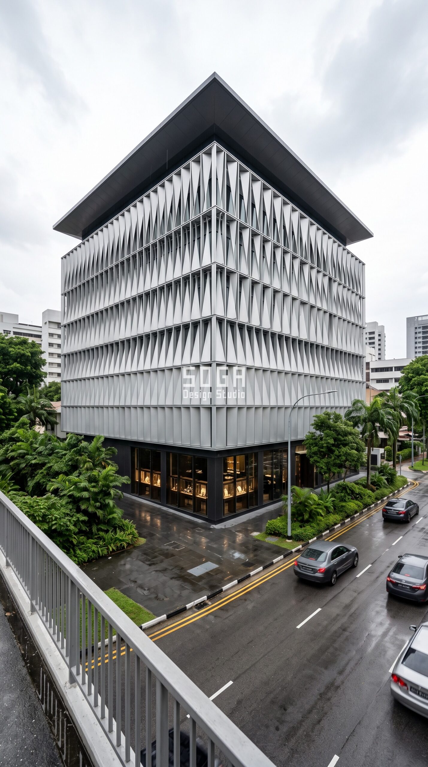 Parametric Prism Pulse pearl-silver anodised aluminium jewellery showroom facade Singapore - SOGA Design Studio