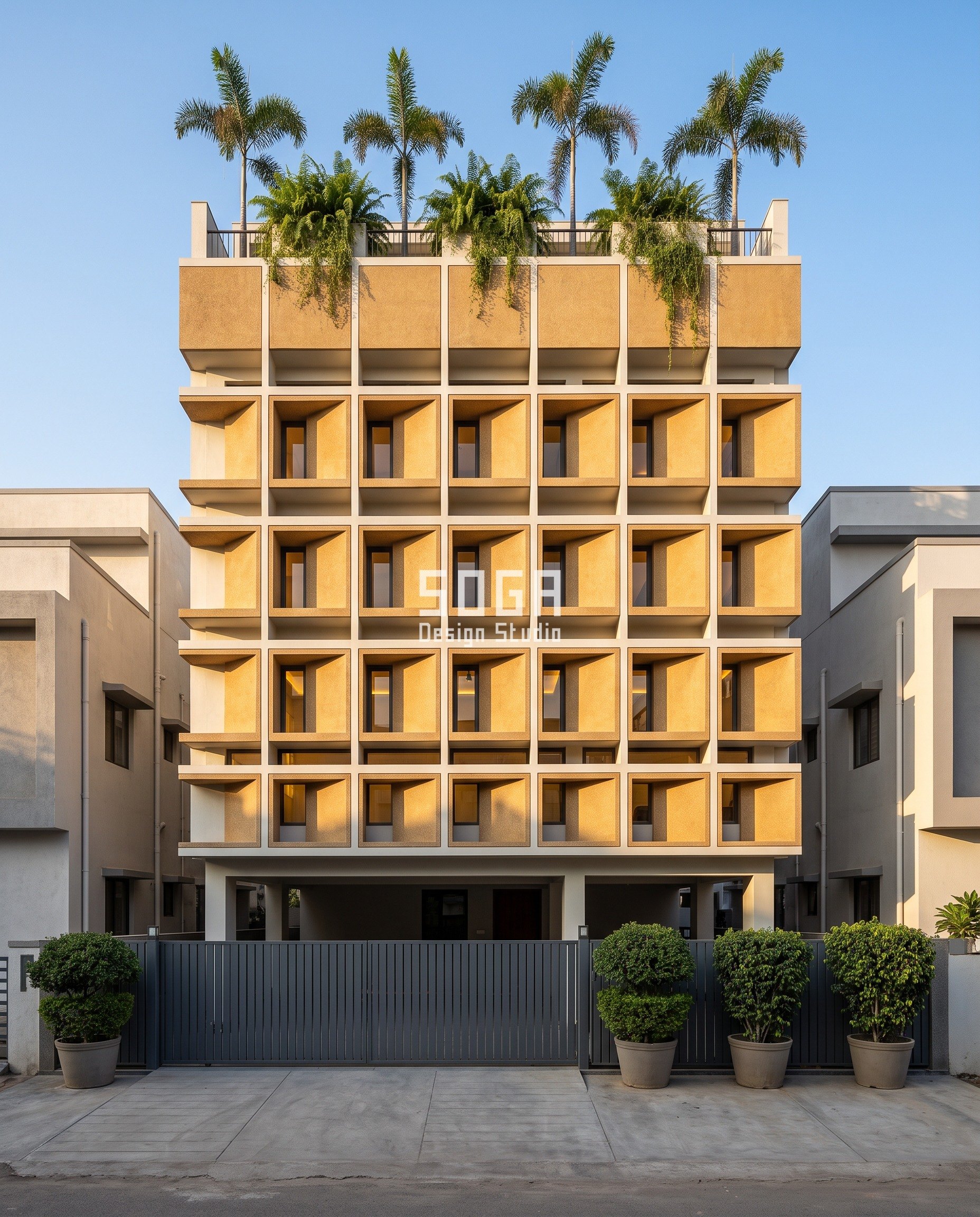 Elevation Panels Making Noise In Wind India: Detune It 3 Honey-ochre exposed-aggregate precast boxes standing proud of the wall on a G+3 residence in Zadeshwar, Bharuch, hard afternoon sun measuring each projection - depth used to break the wind arriving on every bay of a noisy elevation.