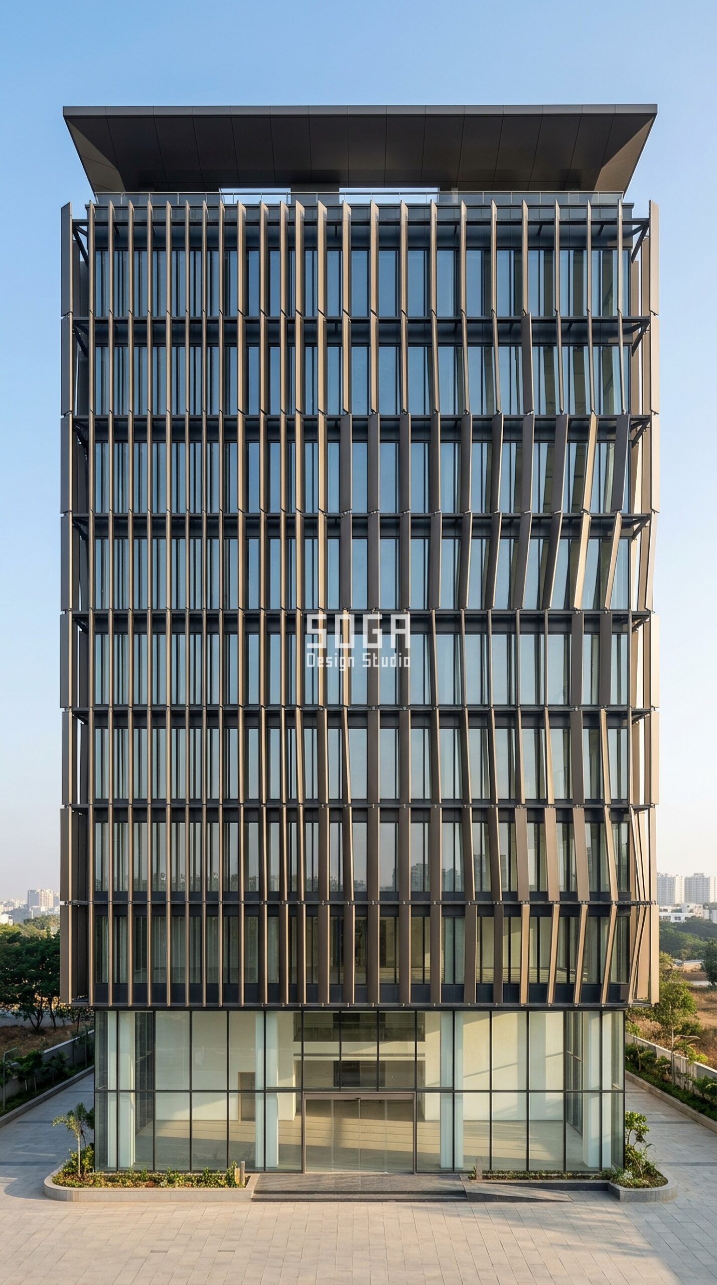 Parametric Sweep Blade rotating aluminium blade facade Bangalore office - SOGA Design Studio