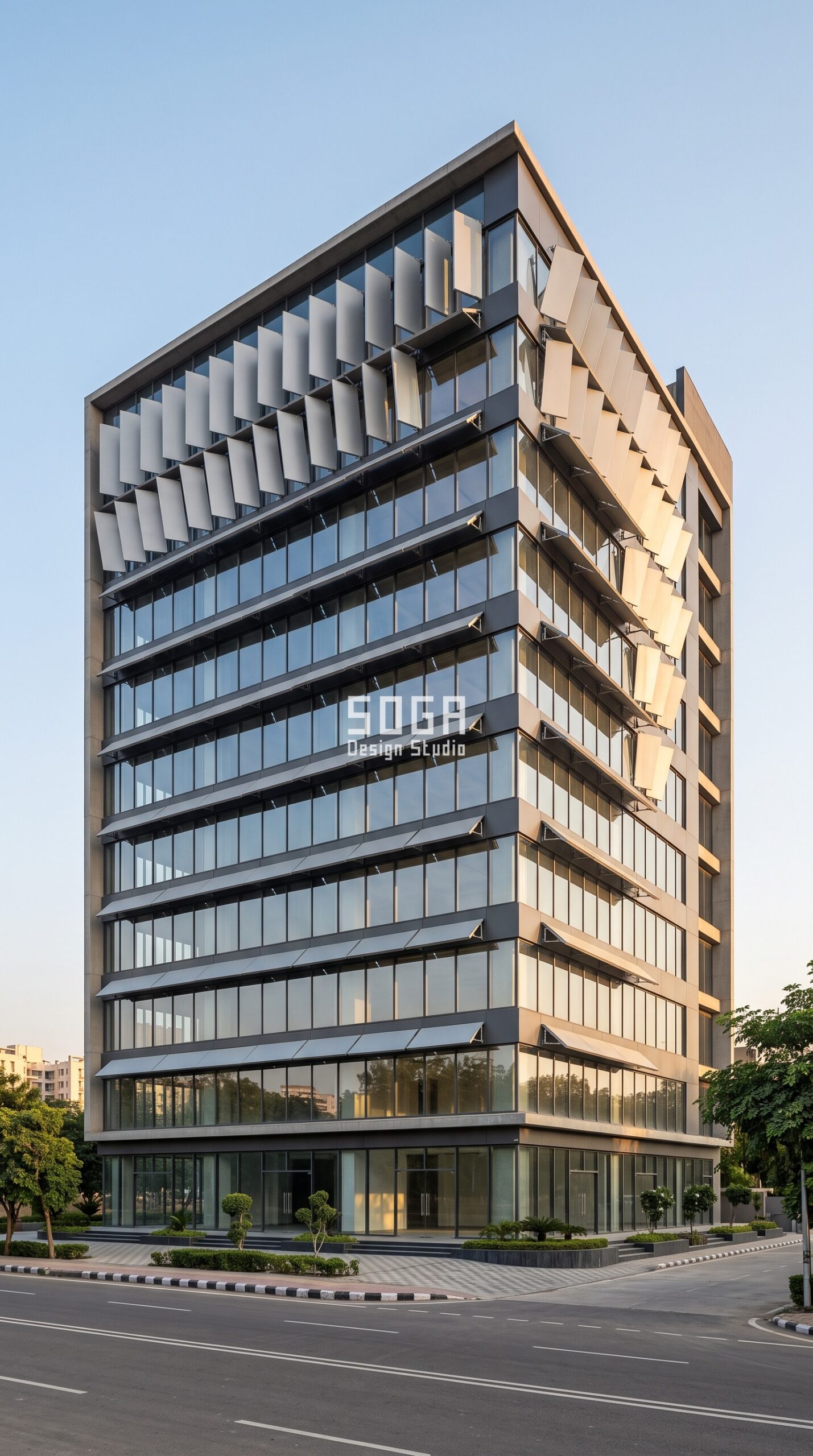 Parametric Cascade Flap tilting aluminium flap facade Noida commercial - SOGA Design Studio