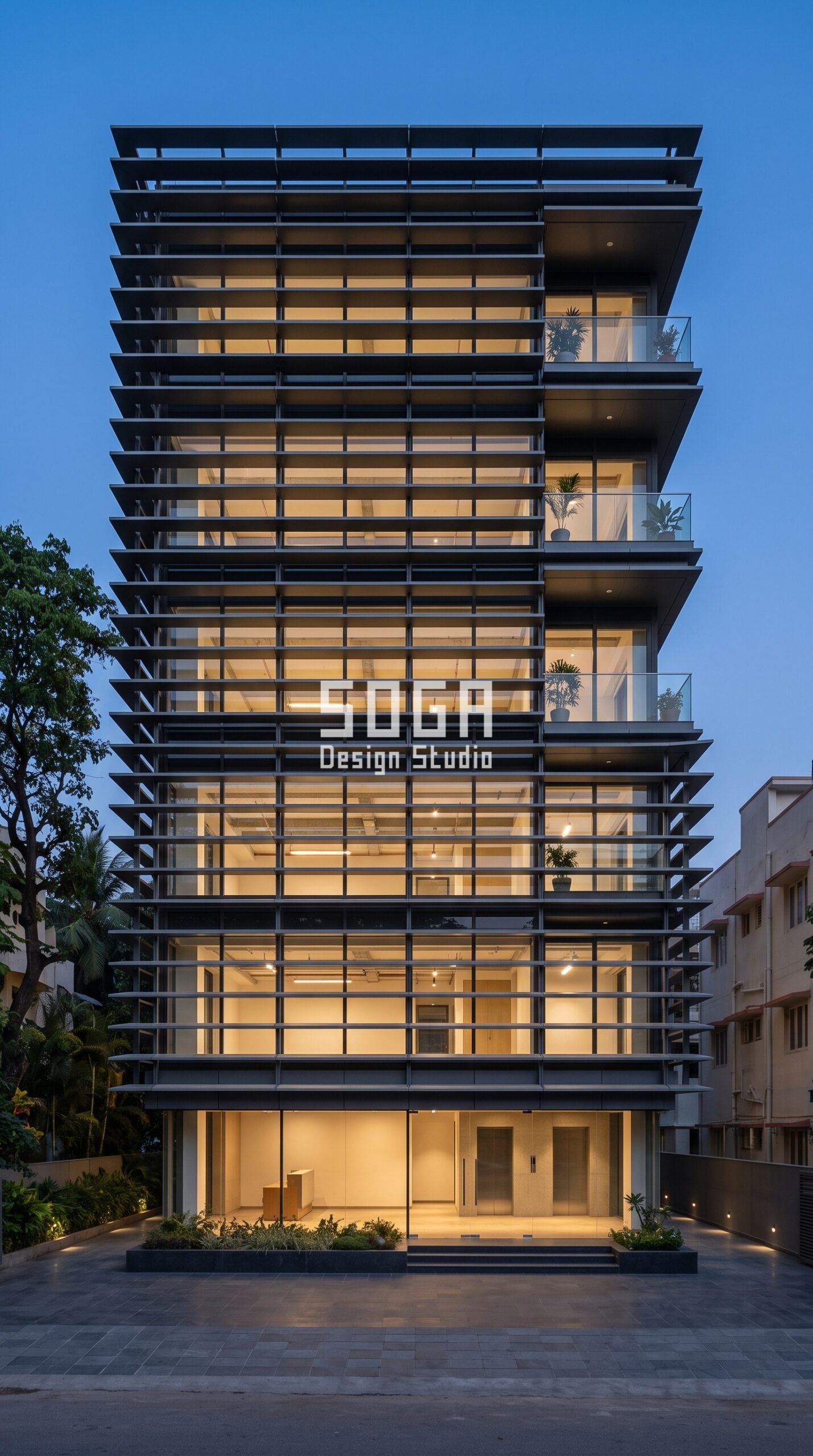 Landmark Facade Design in India 2026: What Makes an Icon 4 Parametric Stratum Pulse landmark facade design, G+6 boutique office, Bangalore, India — SOGA Design Studio