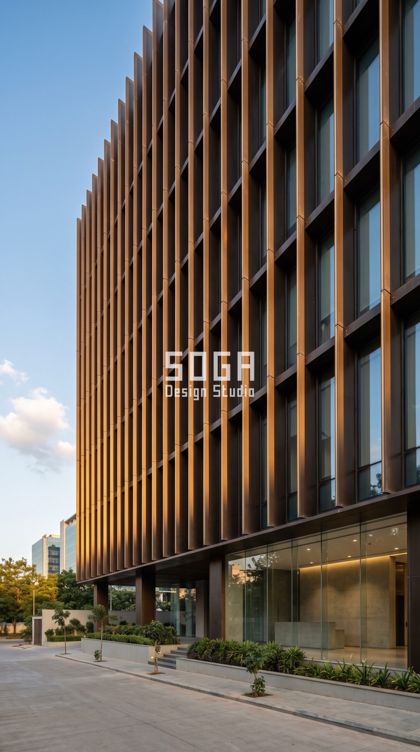 Landmark Facade Design in India 2026: What Makes an Icon 2 Parametric Mast Screen landmark facade design, G+9 commercial office, Hyderabad, India — SOGA Design Studio