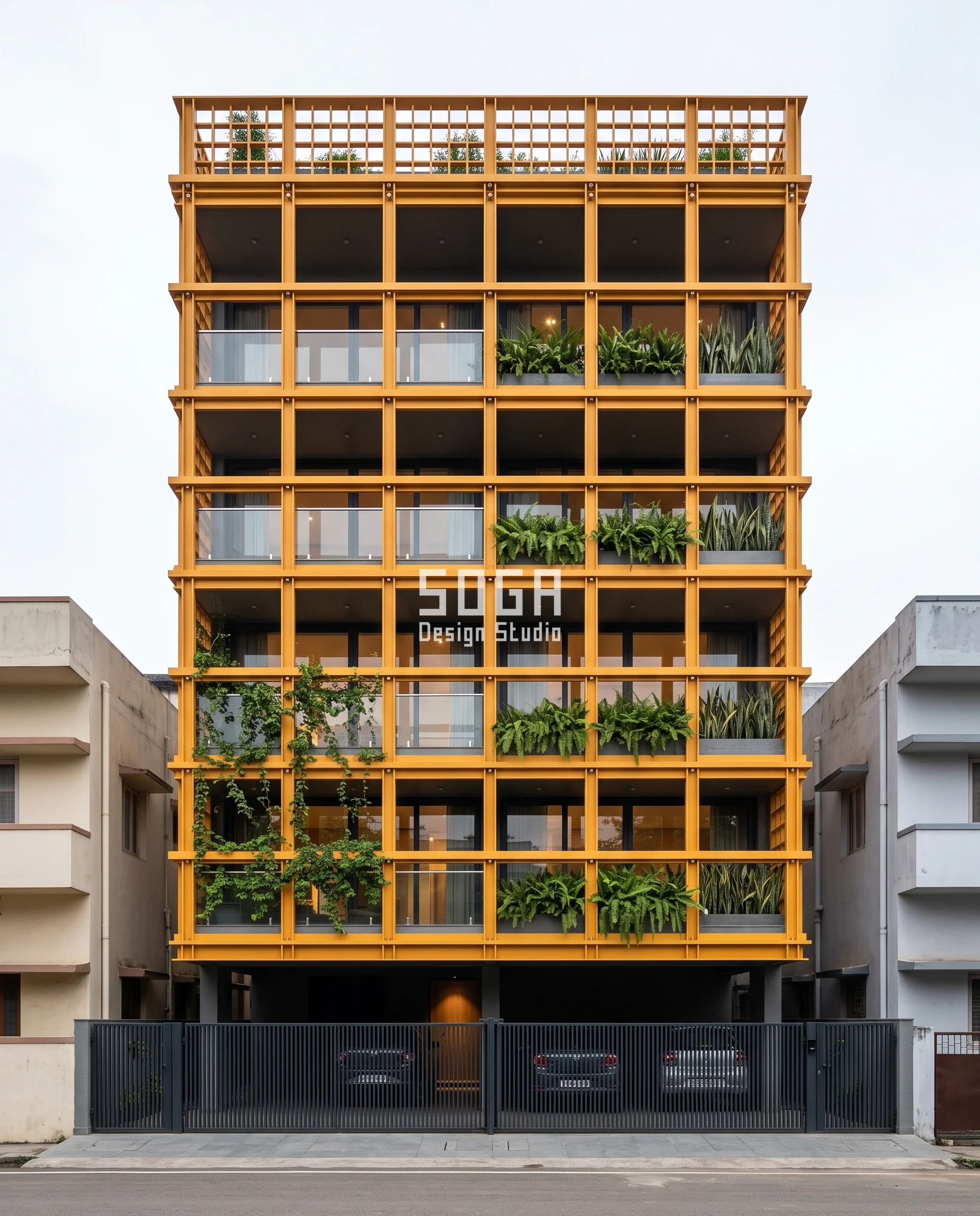 Reduce Road Noise House Facade India: Depth, Not Gaps 5 Marigold-saffron flat-bar grid on a slim G+5 Ranchi house with creepers trained through its lower bays, the square 400 mm openings left completely open while each lapped crossing stands further off the wall floor by floor on a machined spacer boss - crossing depth used to reduce road noise on a house facade in India.