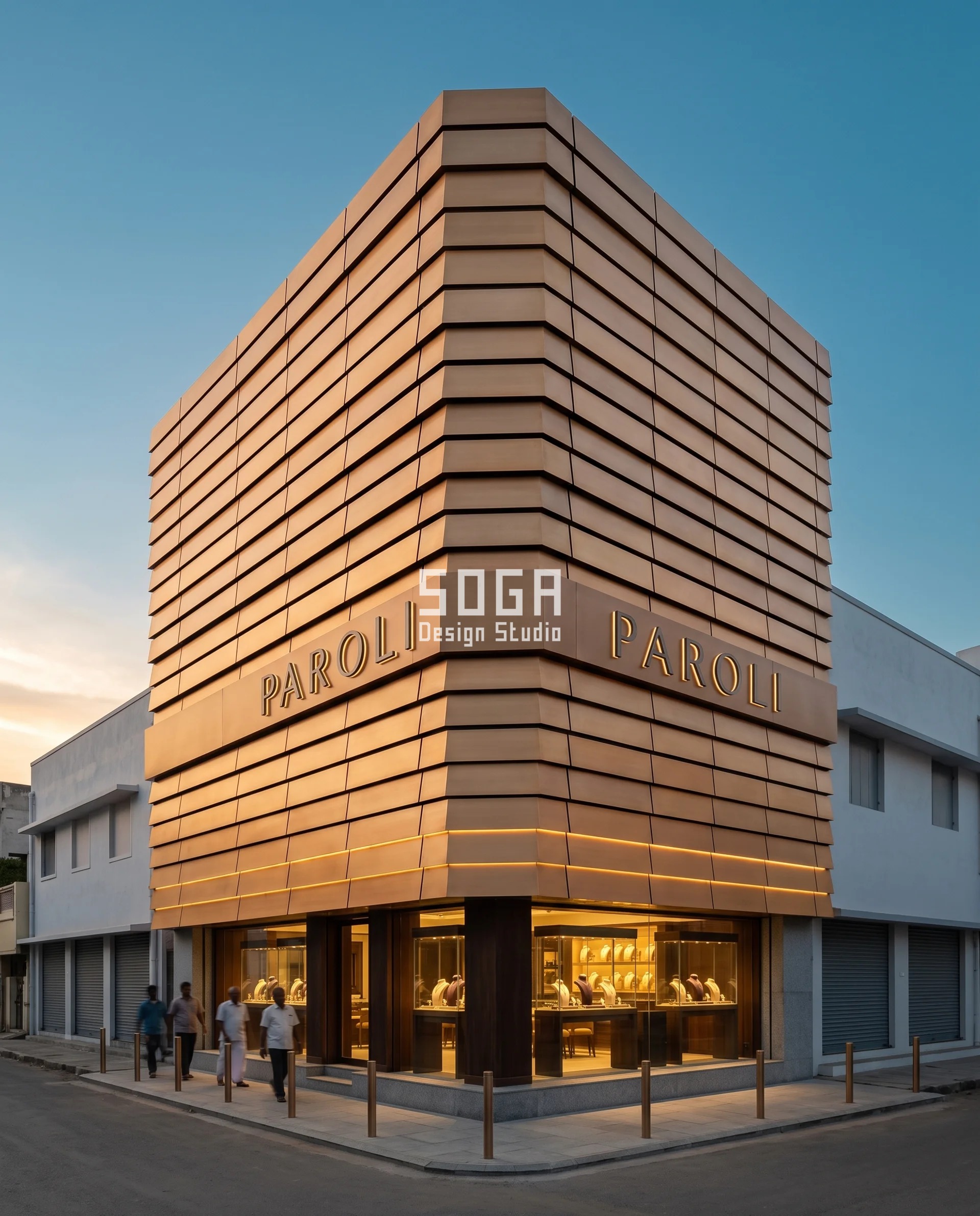 Lapped bronze shingle courses turning a six-facet corner on a Thanjavur corner plot jewellery shop facade, the shadow line under each course thickening steadily toward the turn