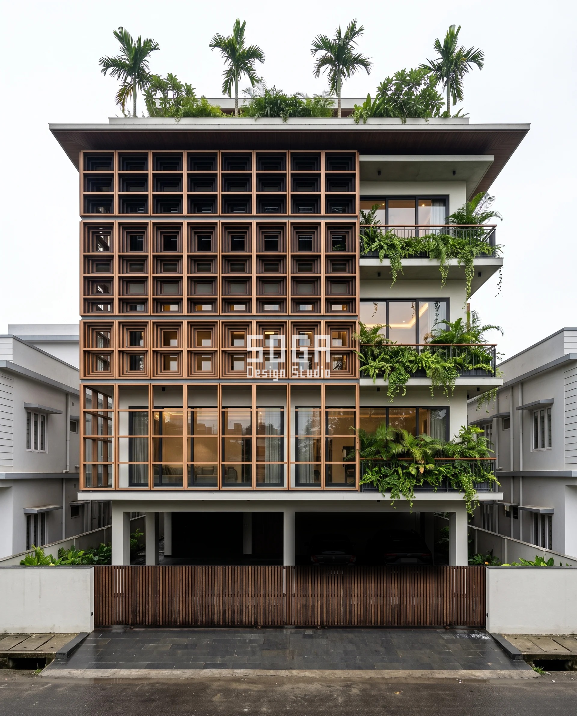 Facade Screen Without Making the Room Dark: India Numbers 3 Bamboo batten grid on a Dibrugarh residence with one layer at the bottom and four stacked in register at the parapet, every cell deeper and darker floor by floor - a facade screen that shades without making the room dark in India.