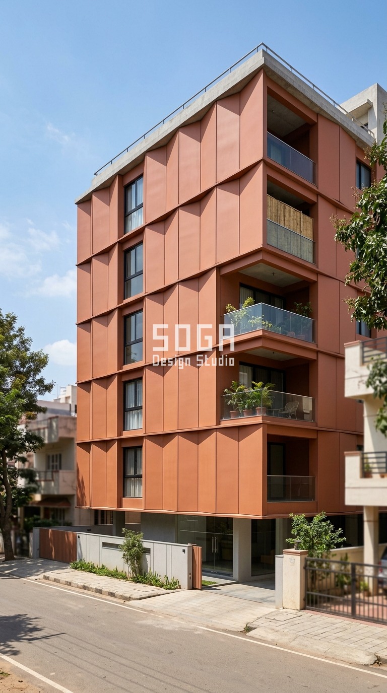 Parametric Bevel Fold terracotta-toned metal composite facade, Yelahanka, Bangalore - SOGA Design Studio
