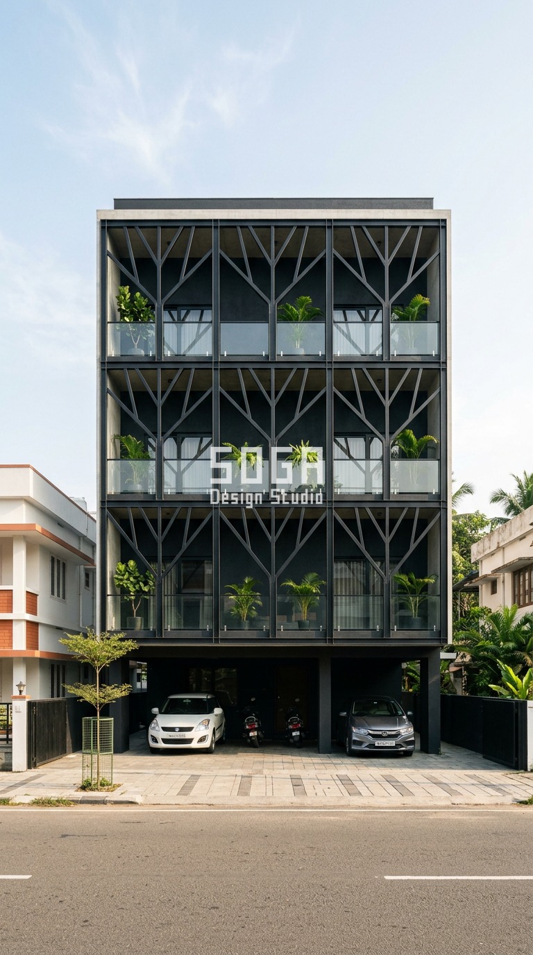 Parametric Splay Screen ral 9005 jet black steel facade, Marine Drive, Kochi - SOGA Design Studio
