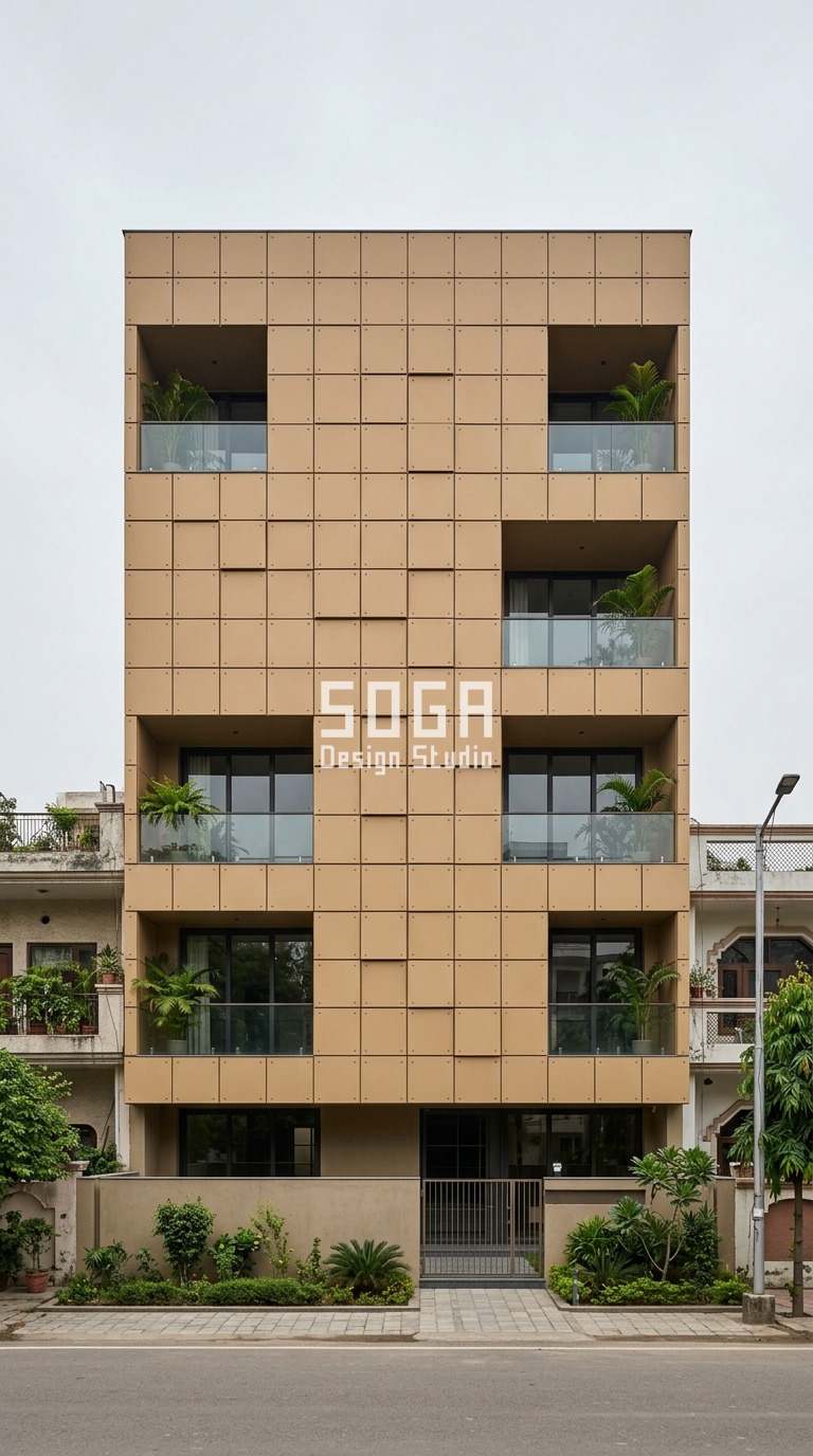 Parametric Relief Grid desert sand steel facade, Hazratganj, Lucknow - SOGA Design Studio