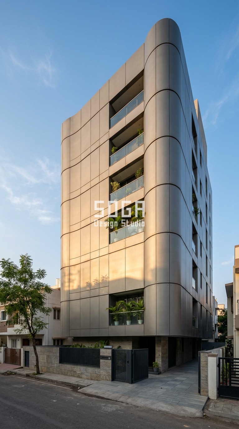 Parametric Bolster Shell titanium grey metal facade, Dharampeth, Nagpur - SOGA Design Studio
