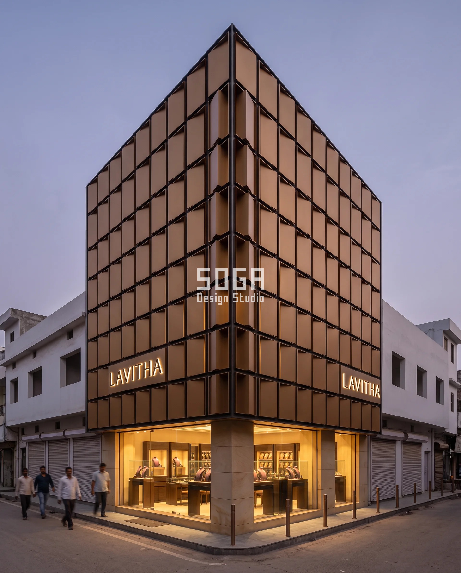 Knife-edge mitred corner on a tall narrow G+4 jewellery shop facade in a Kanpur sarafa bazaar, bronze cassette depth peaking at the arris and flattening along both streets