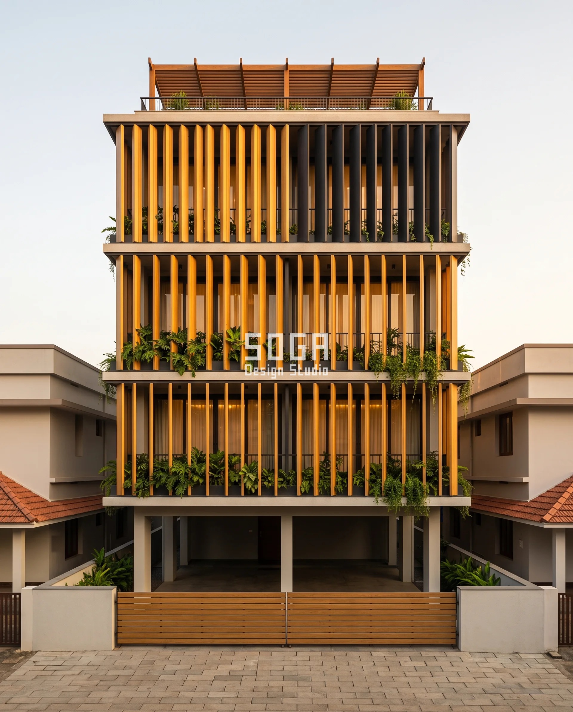 Stop Neighbours Looking Into House India: One-Sided Screen 1 Full street elevation of a G+3 Palakkad residence screened in honey-gold Accoya crank blades, reading as flat boards at the stilt band and as hard two-tone creases by the third floor - a screen cranked to one side to stop neighbours looking into the house from the terrace behind.
