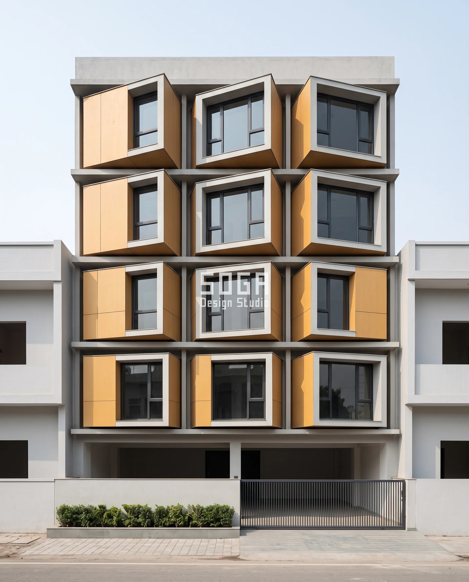 Stop Neighbours Looking Into House India: One-Sided Screen 3 Flat-fronted G+4 Moradabad elevation carrying ochre-buff fibre-cement oriel boxes, each box turned further off square as the floors rise so one lit side cheek widens and the other all but disappears - how to stop neighbours looking into your house without losing a single square foot of glass.