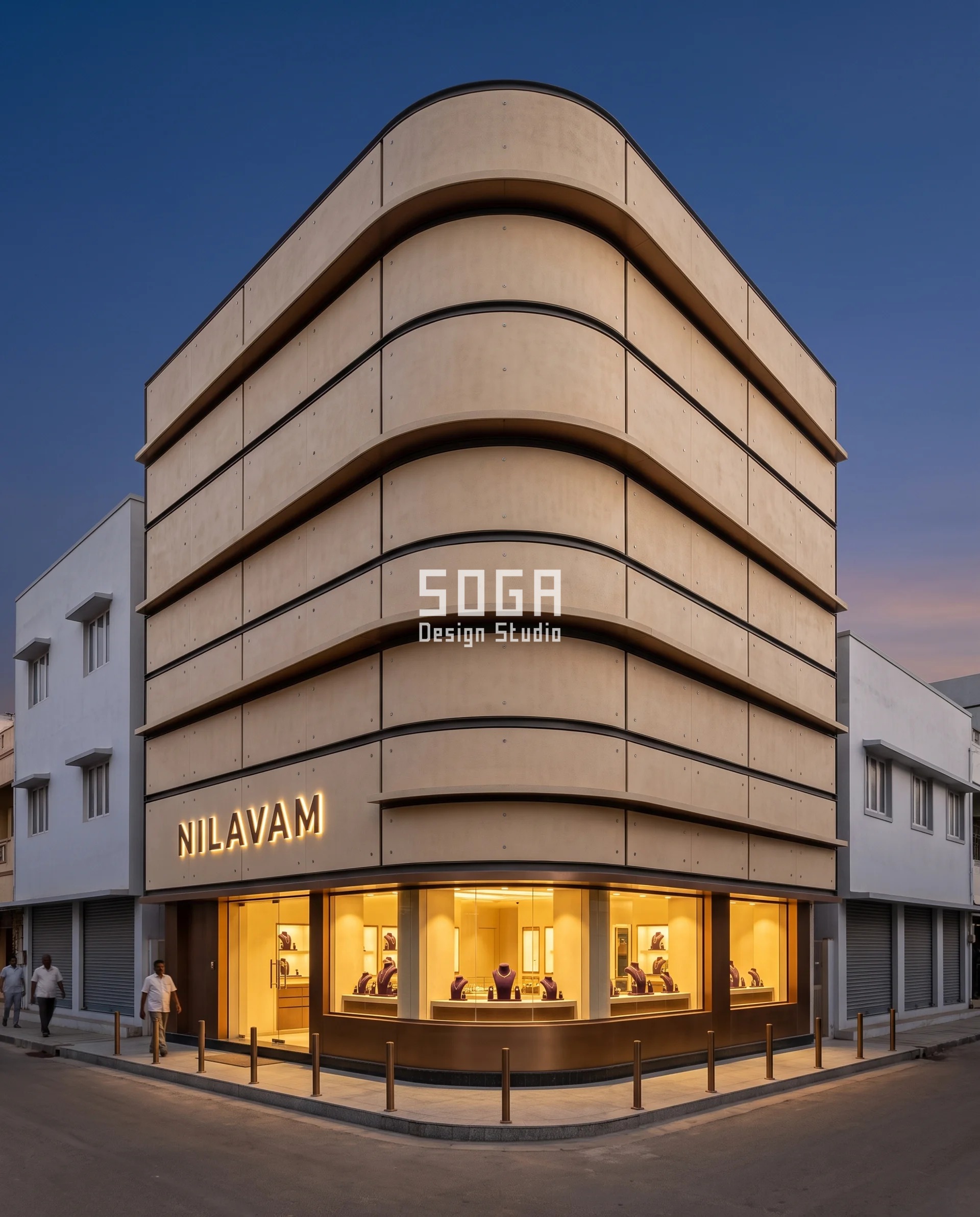 Rolled-radius corner plot jewellery shop facade design in India, both street faces of a G+3 Tiruchirappalli showroom curving into one continuous sand-cream concrete corner with four banded floors