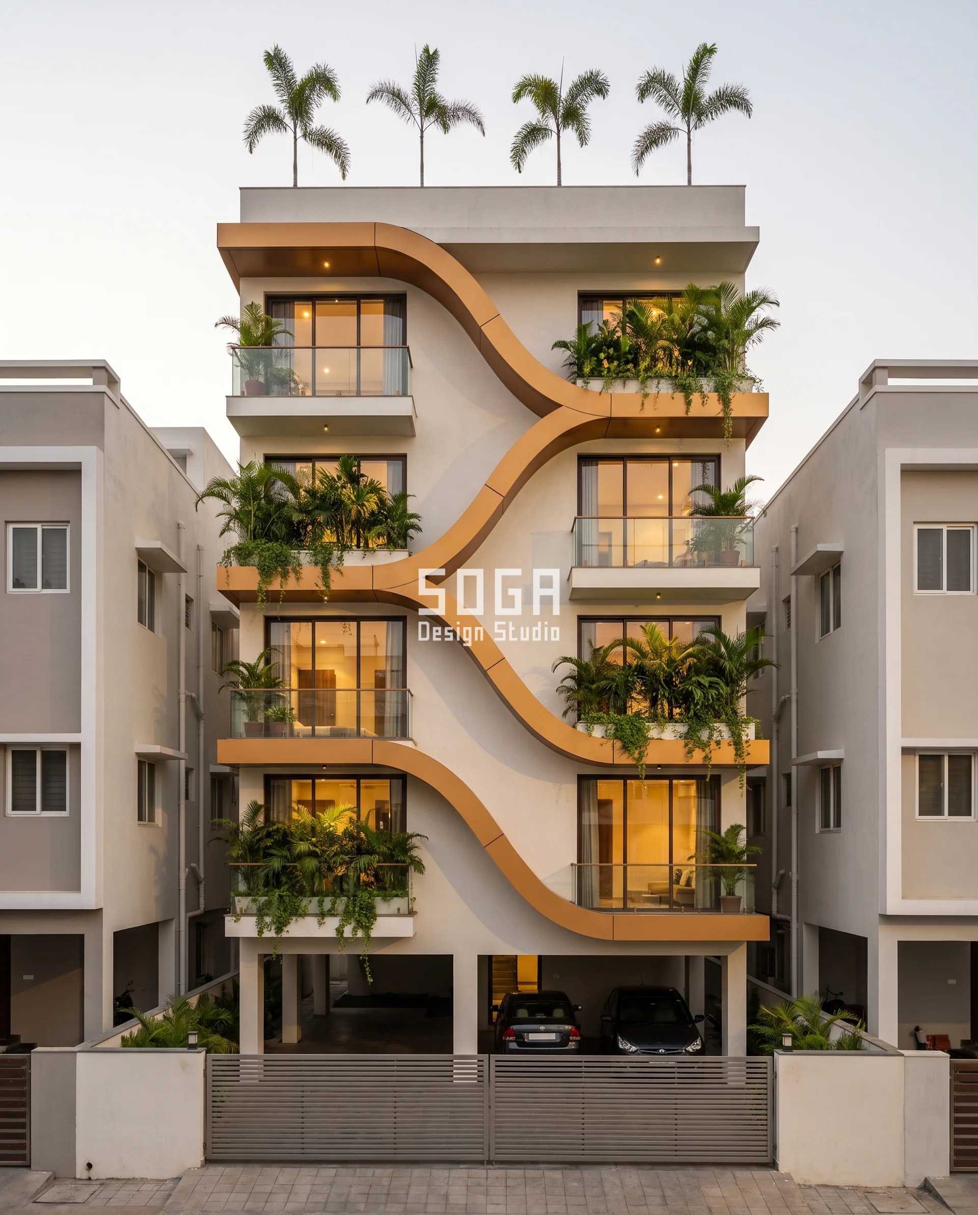 Stop Rain Water Entering Balcony India With 692 mm Reach 7 Full amber-honey anodised aluminium serpentine ribbon on a G+4 Coimbatore residence, the cassette band standing up to 900 mm clear of the wall so the deep overhang works to stop rain water entering balcony spaces below.