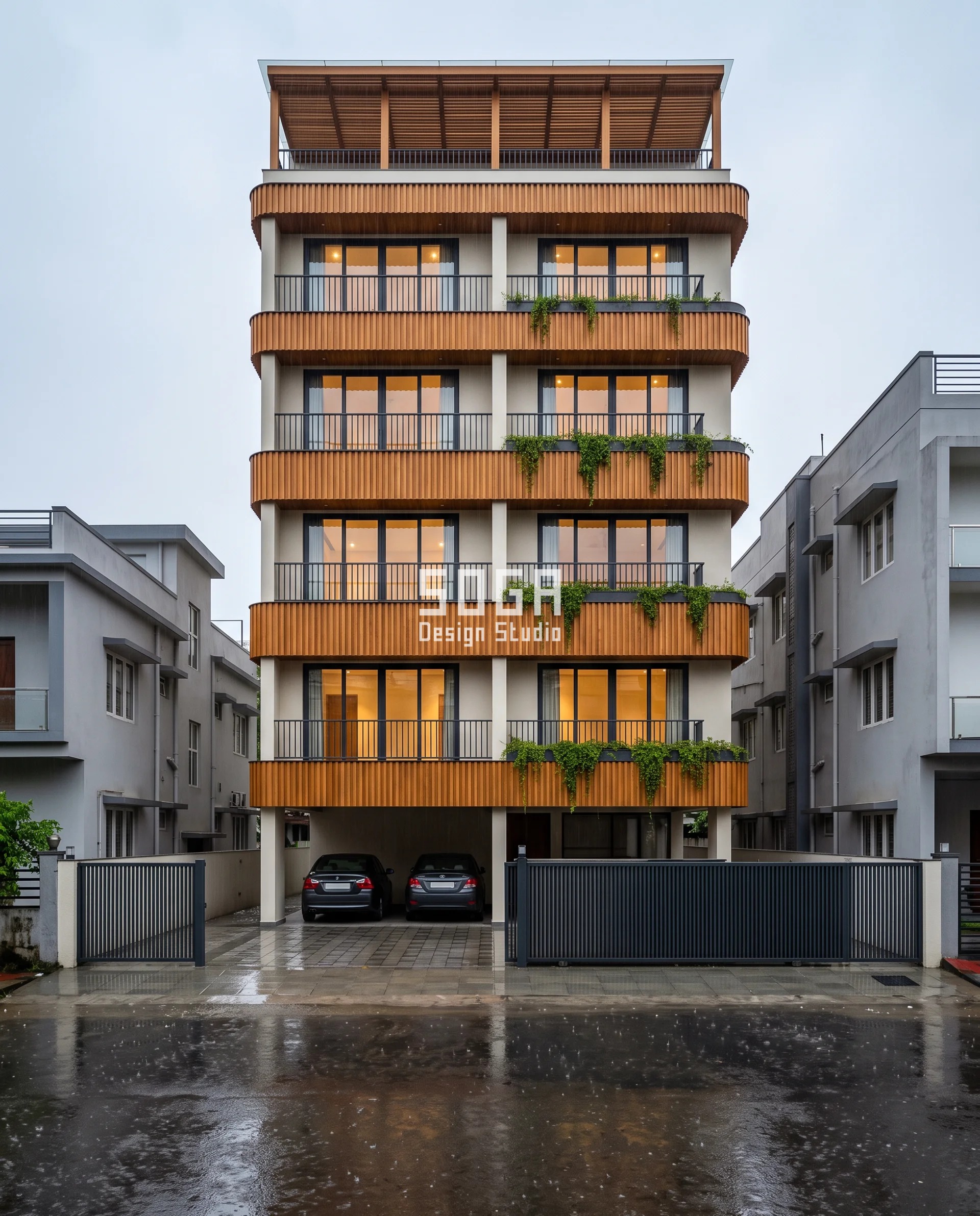 Stop Rain Water Entering Balcony India With 692 mm Reach 4 Honey-cedar timber flutes wrapping a tall narrow G+5 Guwahati residence in live monsoon rain, the band cut taller floor by floor from 600 to 1100 mm to stop rain water entering balcony rooms behind it.