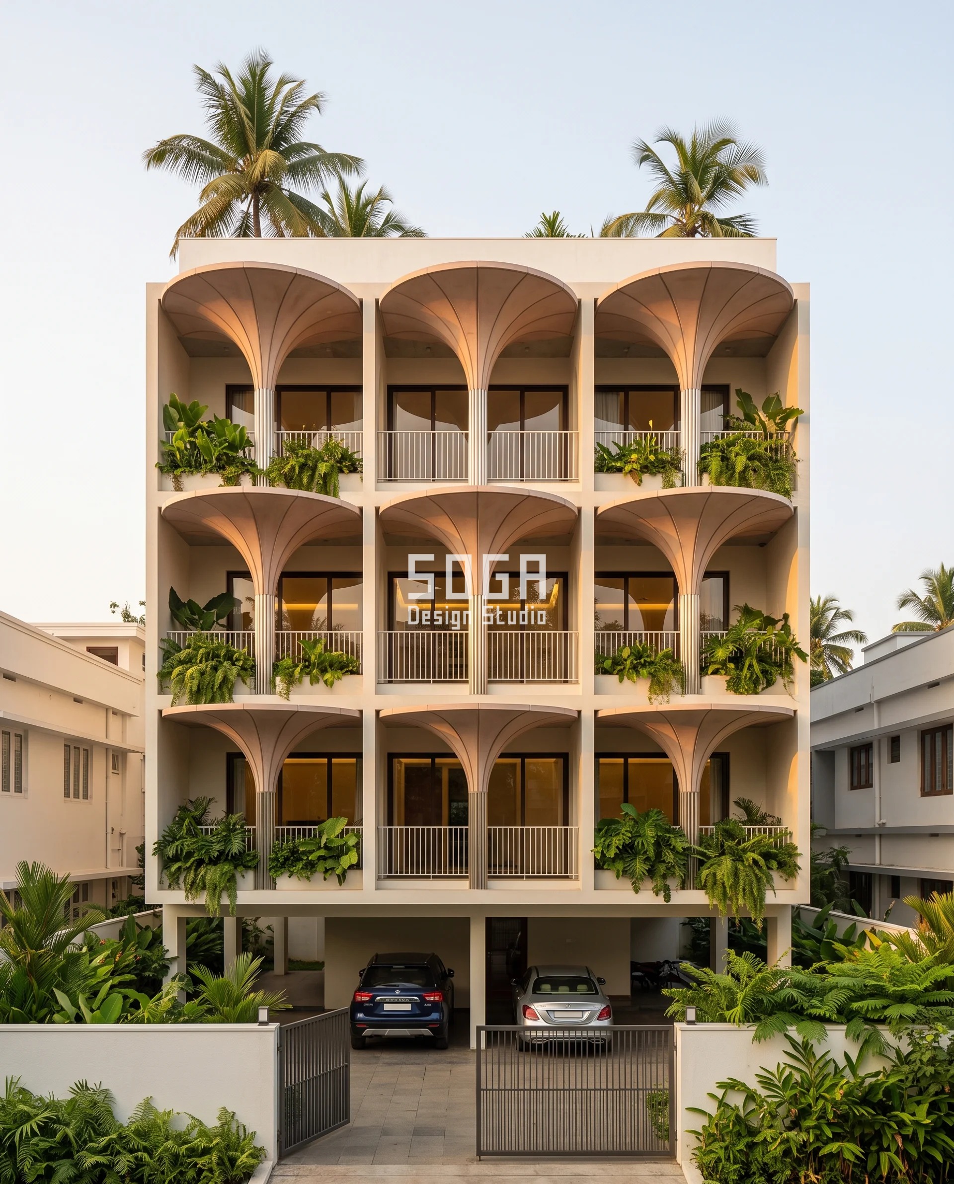Stop Rain Water Entering Balcony India With 692 mm Reach 5 Buff-rose GRC petal canopies fanning from slim stainless stems over lushly planted Kochi balconies, segment count rising up the building so the upper floors buy the wider cover that gives balcony rain protection from the coastal monsoon.