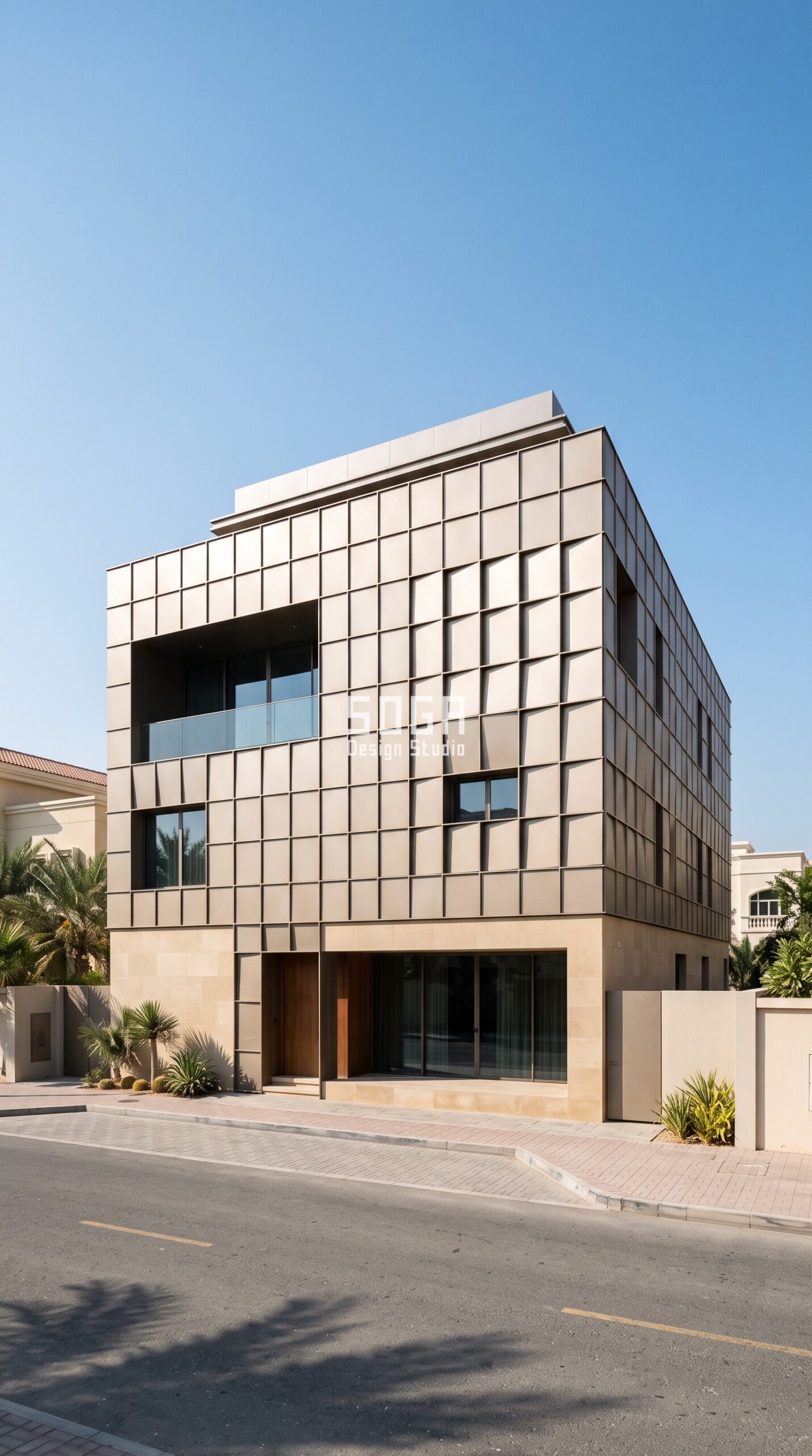 Villa Facade Design Cost: India, Dubai, UAE & Singapore 2026 4 Parametric Moire Tile bronze anodised villa facade Abu Dhabi - SOGA Design Studio